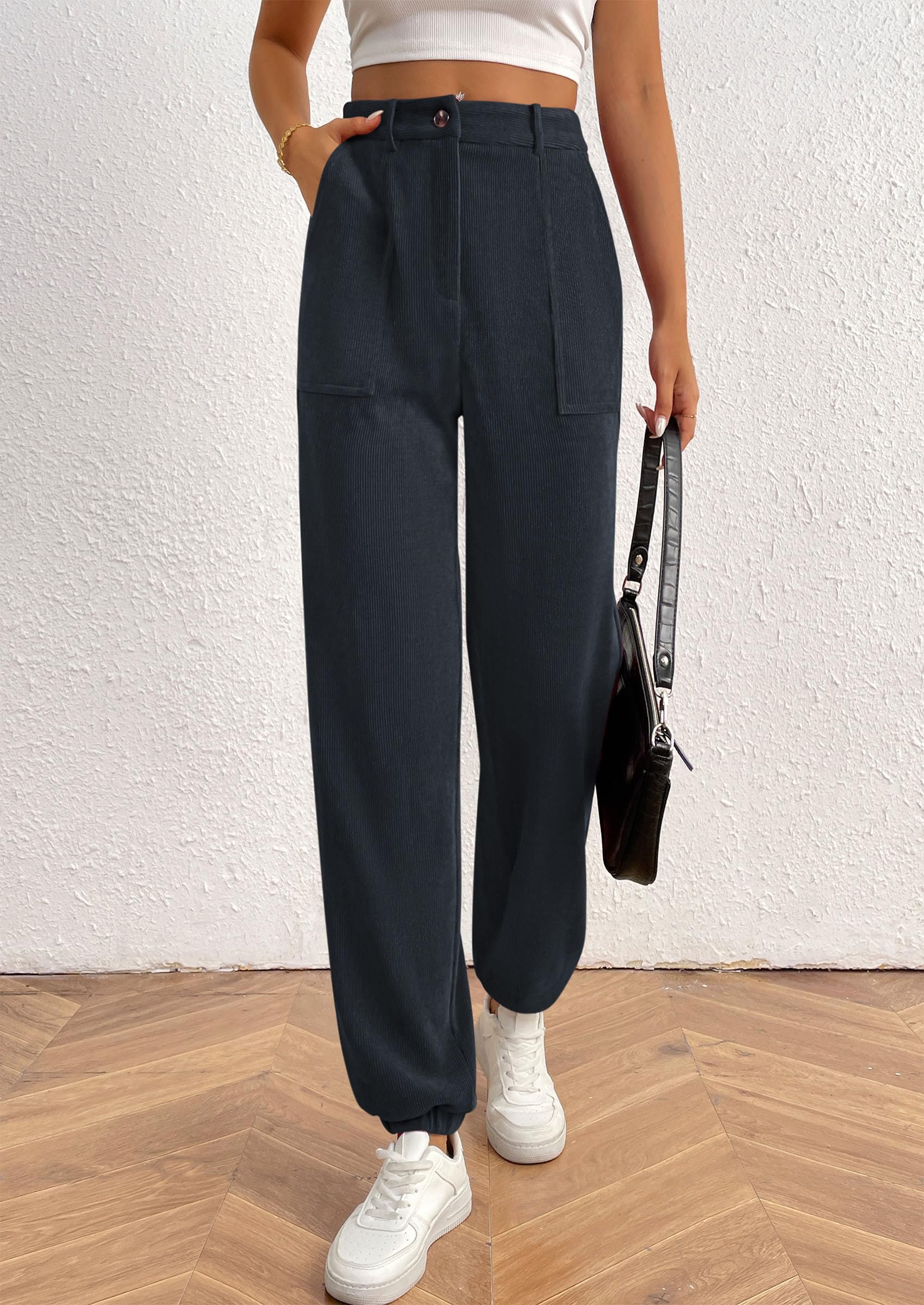 Women's Pants Dressy Casual Fall Elastic High Waisted Work Office Corduroy Trouser Slacks with Pockets