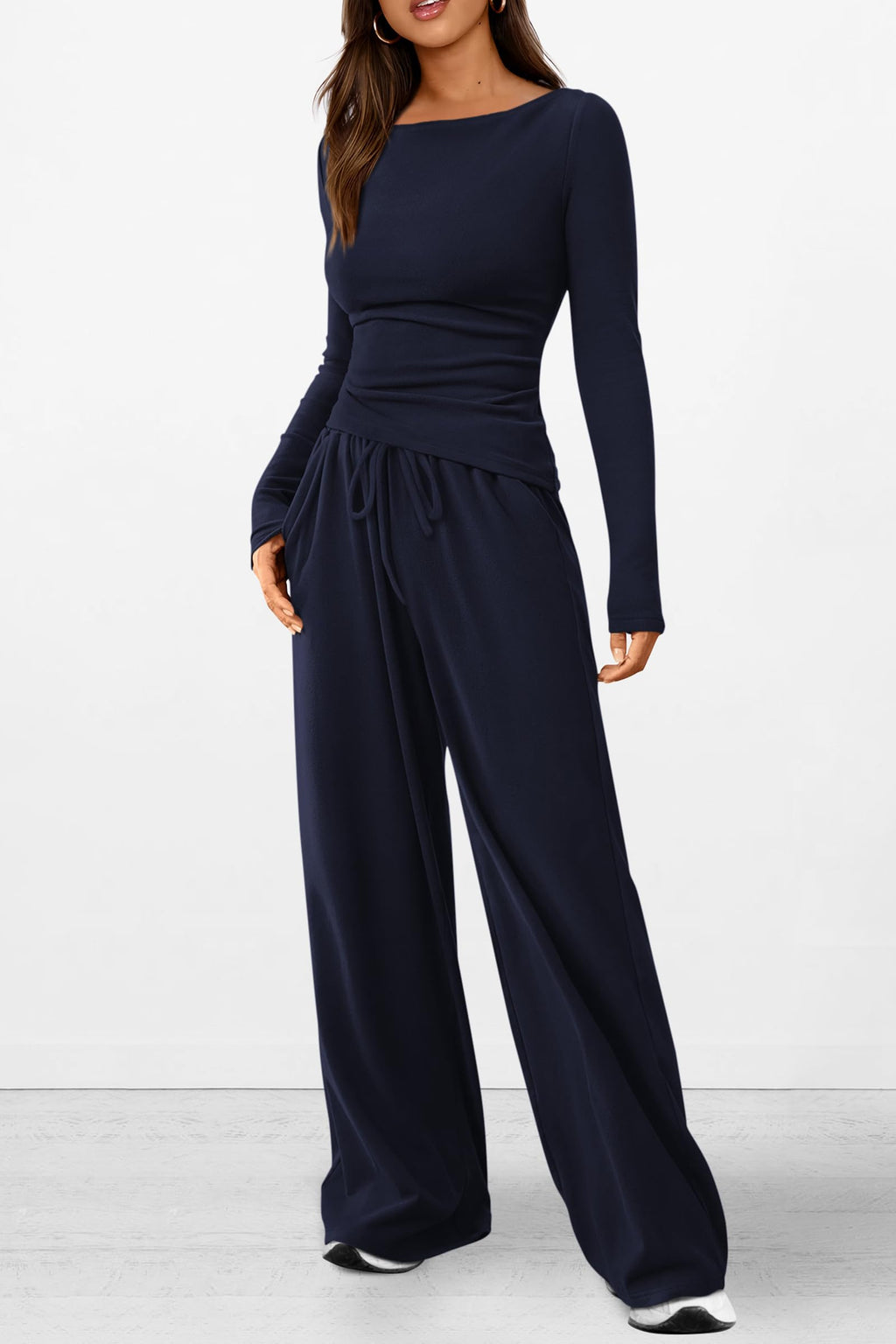 Women's 2 Piece Lounge Sets Asymmetrical Long Sleeve T Shirt Wide Leg Pants Casual Outfits Tracksuit