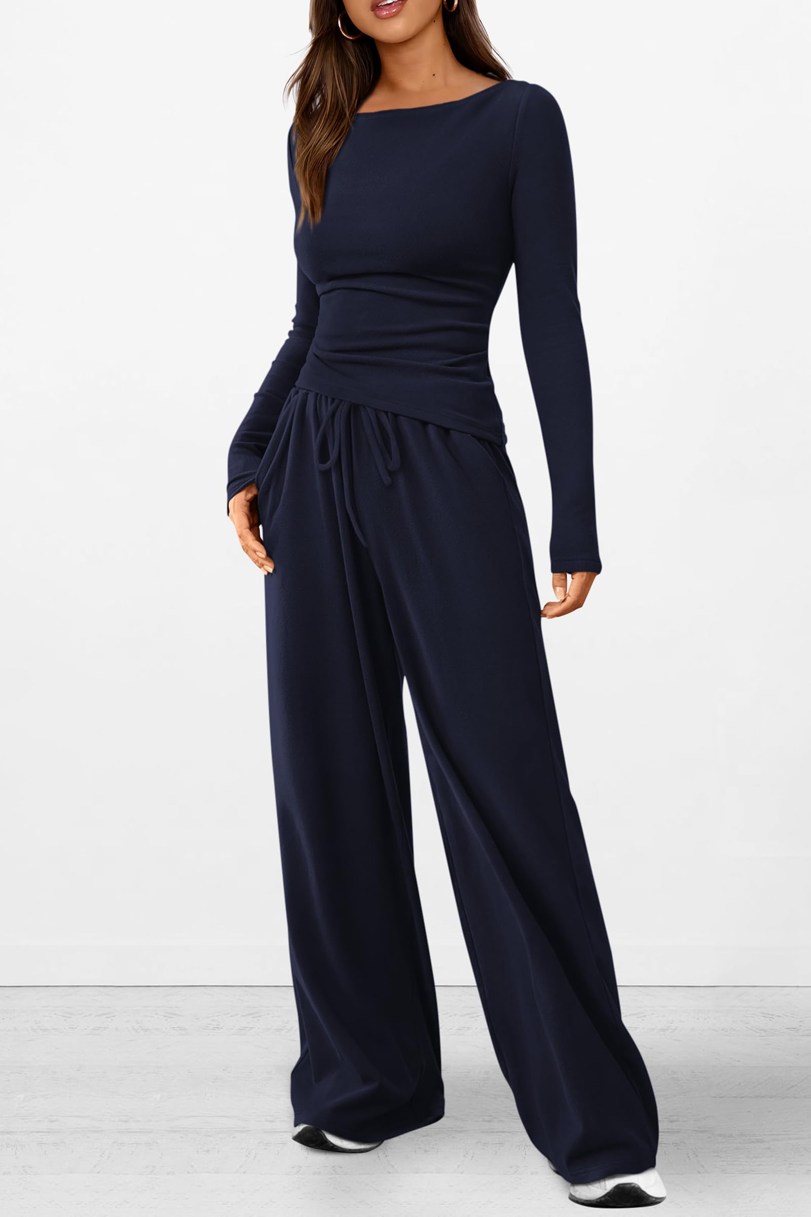 Women's 2 Piece Lounge Sets Asymmetrical Long Sleeve T Shirt Wide Leg Pants Casual Outfits Tracksuit