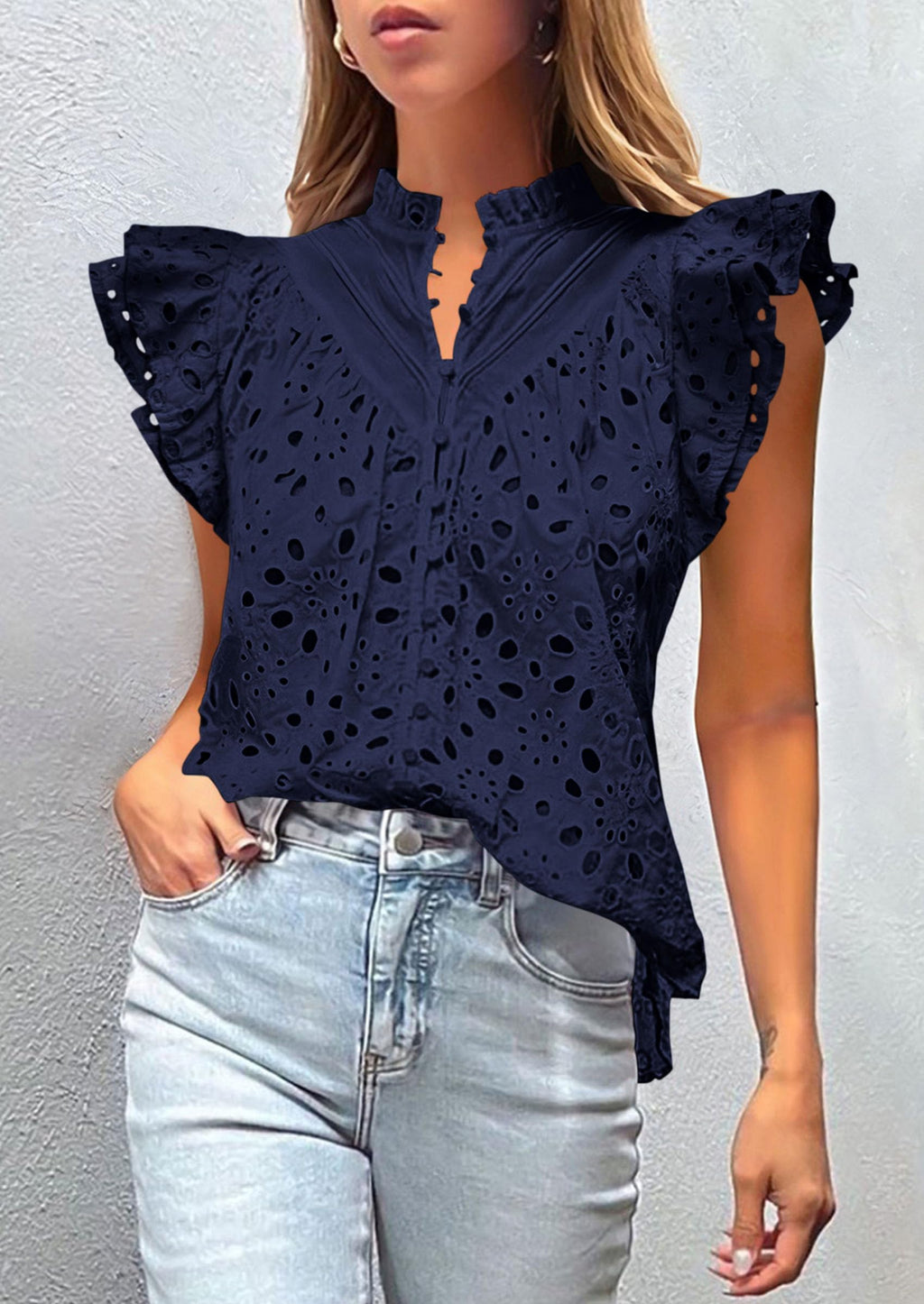 Womens Summer Tops 2025 Dressy Casual Ruffle Cap Sleeve Button V Neck Embroidered Eyelet Blouses Shirts