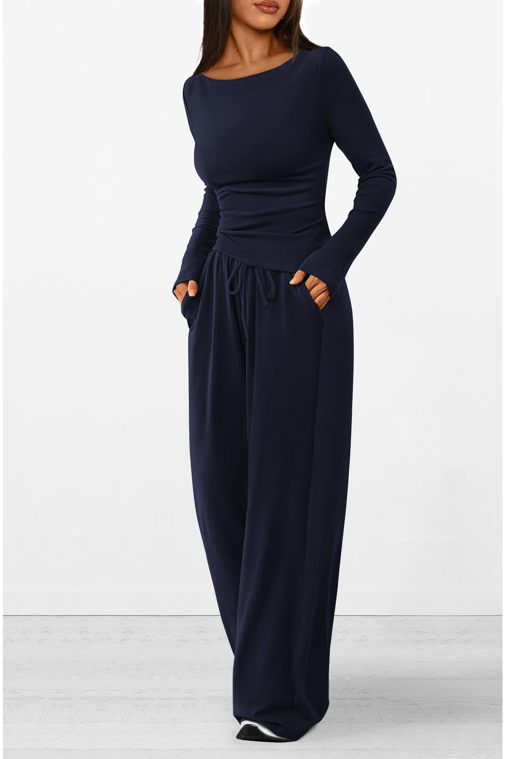 Women's 2 Piece Lounge Sets Asymmetrical Long Sleeve T Shirt Wide Leg Pants Casual Outfits Tracksuit
