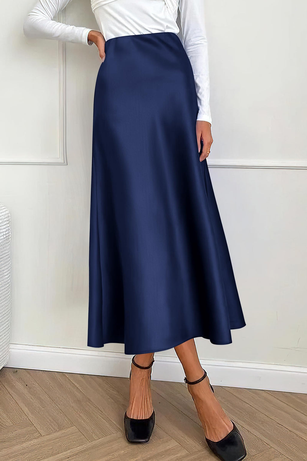 Women's Satin Skirts Dressy Casual Fall High Waisted Cocktail Wedding Flowy Elegant A Line Midi Skirt