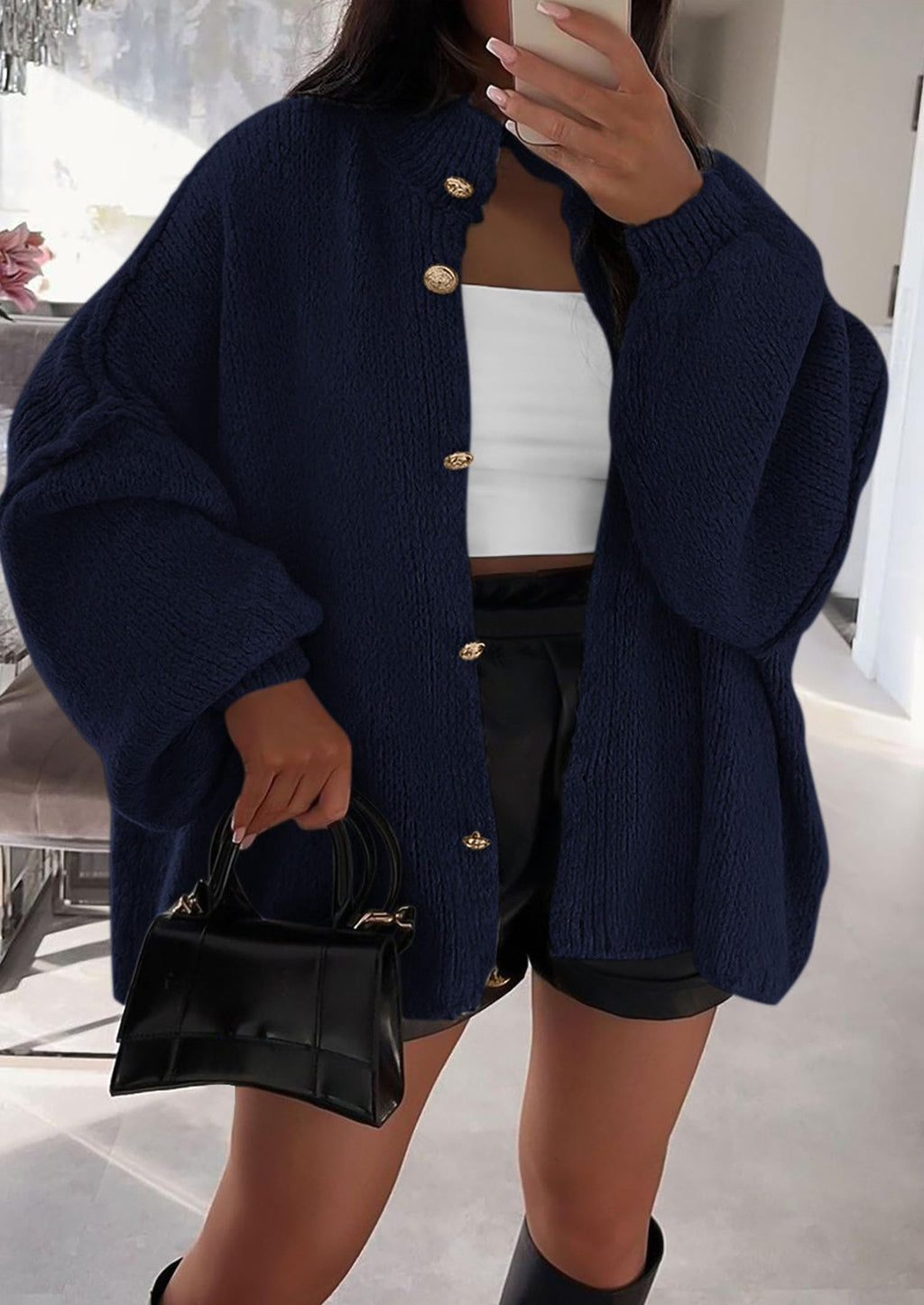 Women's Winter Button Down Cardigan Sweaters Mock Neck Lantern Long Sleeve Chunky Knit Jacket Trendy Outerwear