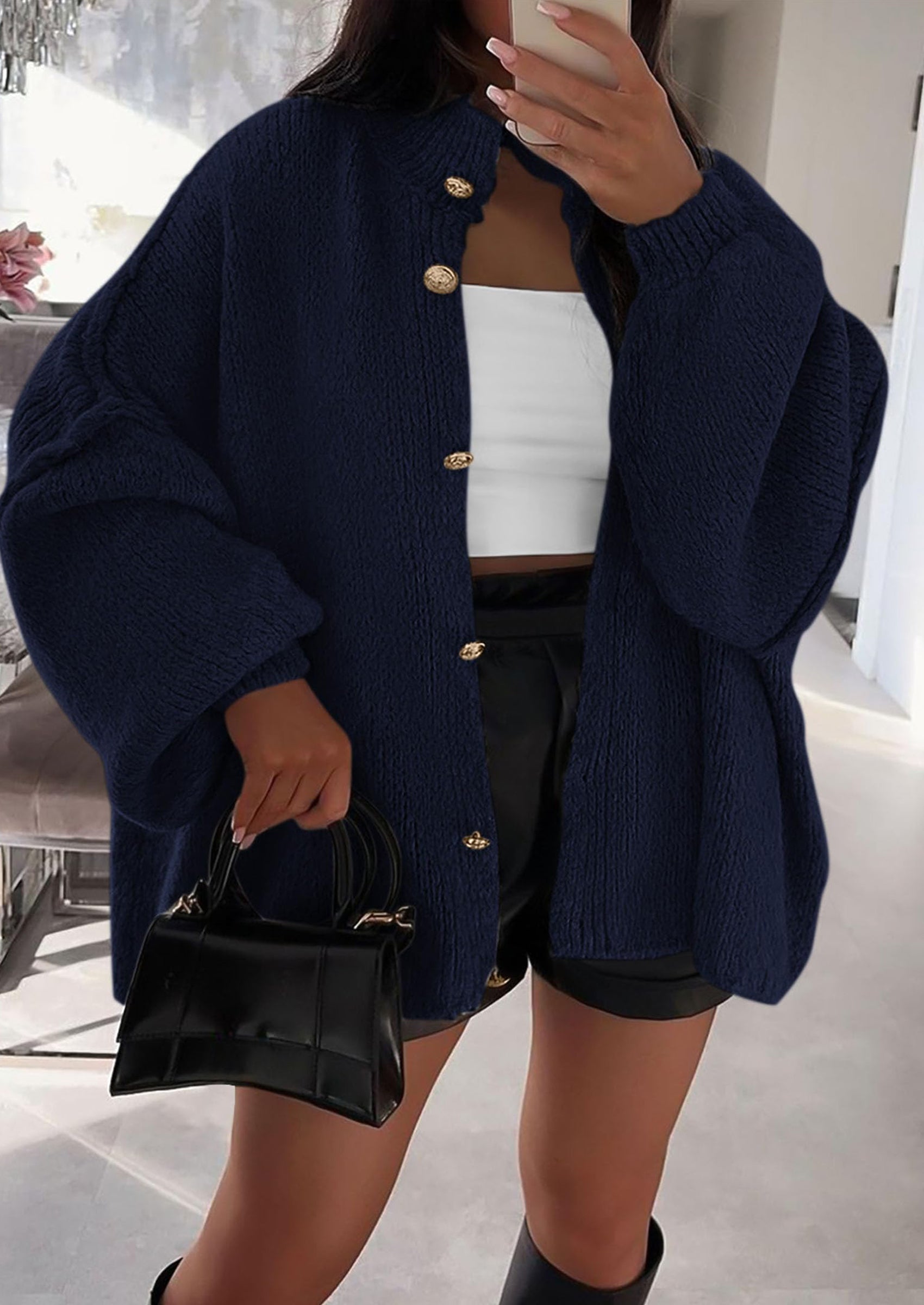 Women's Winter Button Down Cardigan Sweaters Mock Neck Lantern Long Sleeve Chunky Knit Jacket Trendy Outerwear