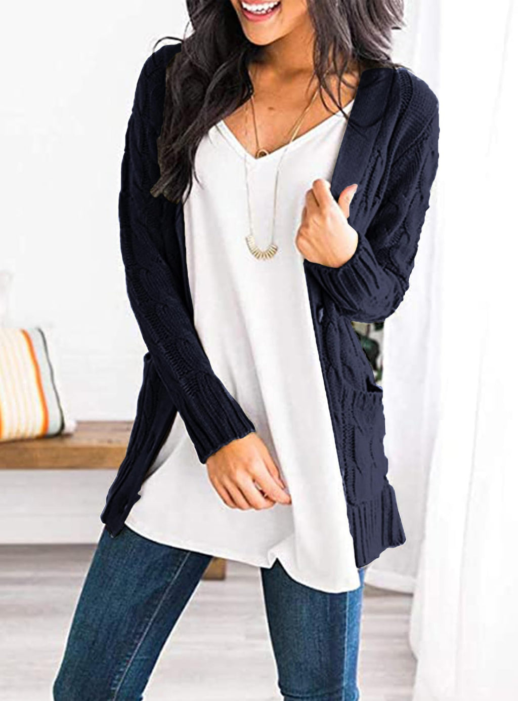 Women's Open Front Cardigan Sweaters Fall Fashion Button Down Cable Knit Chunky Winter Outerwear Coats