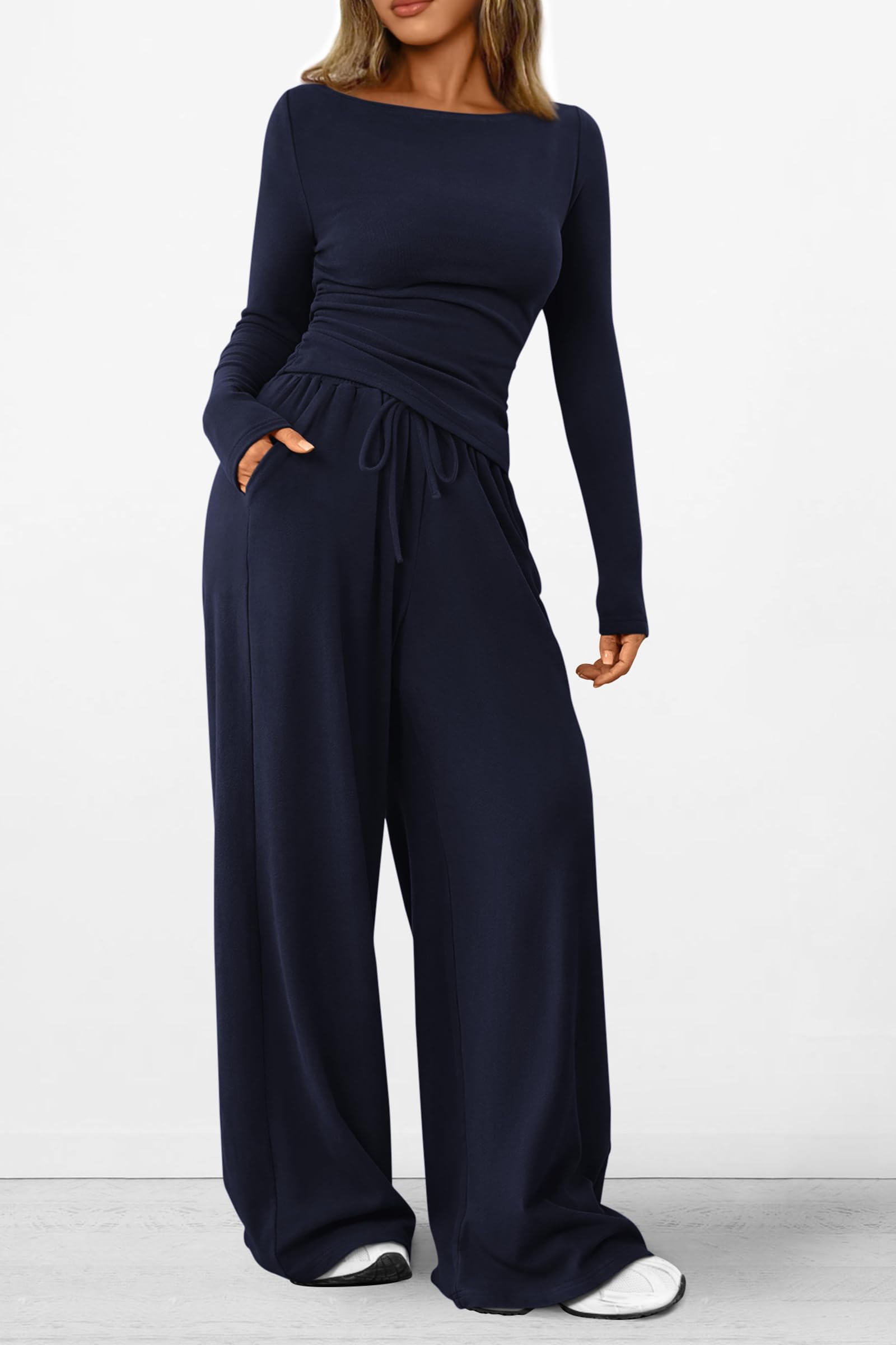 Women's 2 Piece Lounge Sets Asymmetrical Long Sleeve T Shirt Wide Leg Pants Casual Outfits Tracksuit