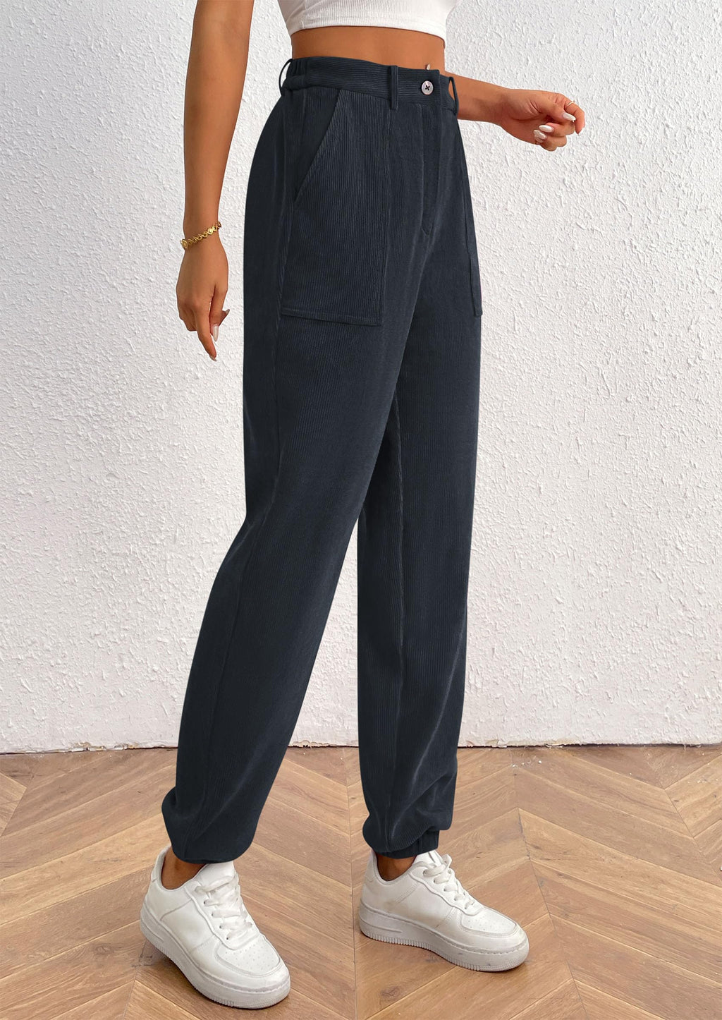 Women's Pants Dressy Casual Fall Elastic High Waisted Work Office Corduroy Trouser Slacks with Pockets