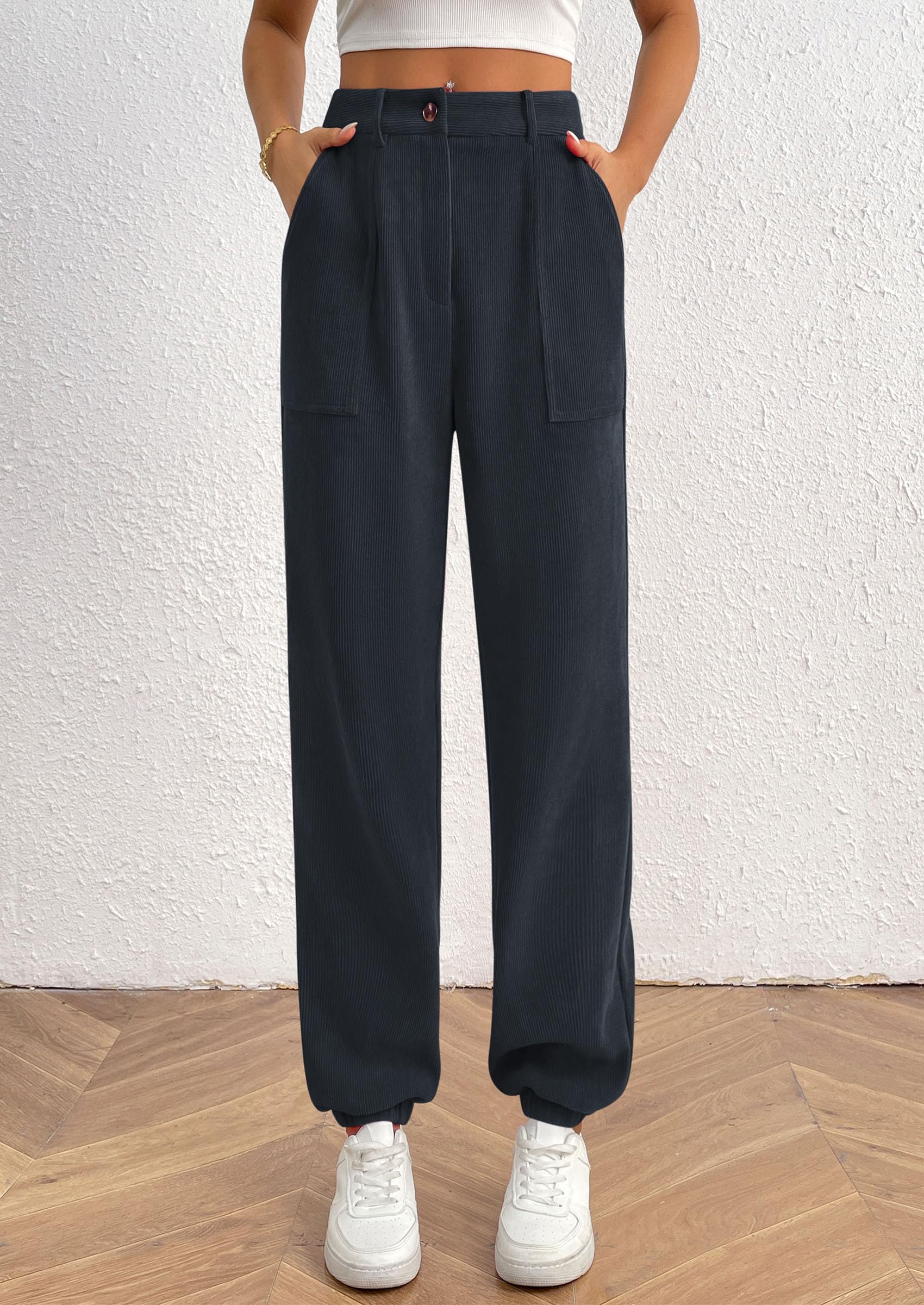 Women's Pants Dressy Casual Fall Elastic High Waisted Work Office Corduroy Trouser Slacks with Pockets
