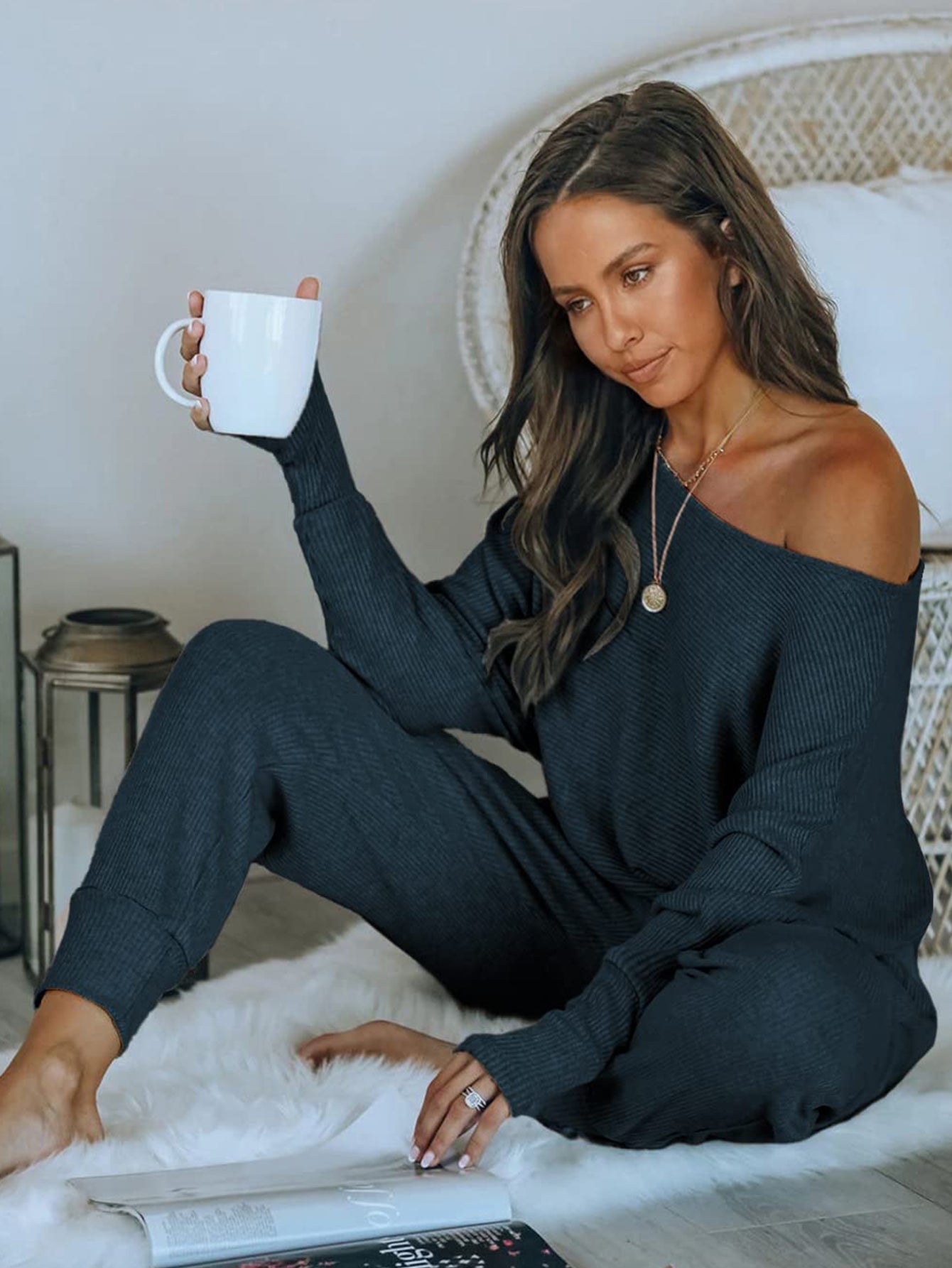Women's 2 Piece Ribbed Tracksuit Outfits Off Shoulder Long Sleeve Pullover Lounge Pants with Pockets