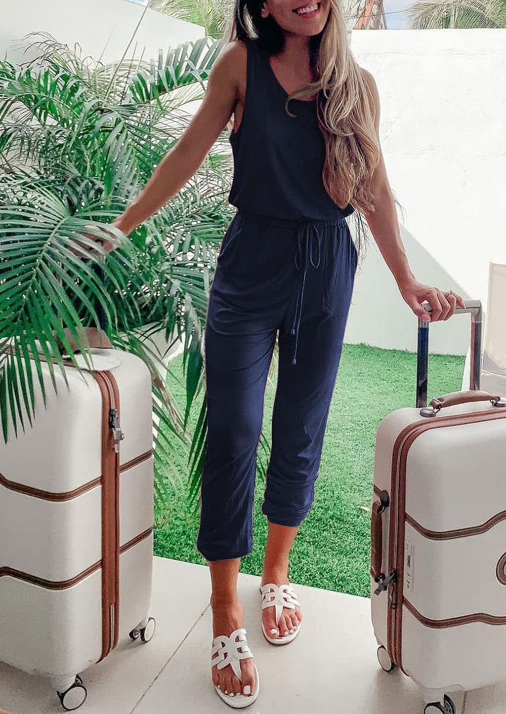 Two Piece Outfit Sets Casual Sleeveless Crewneck Tops and Sweatpants