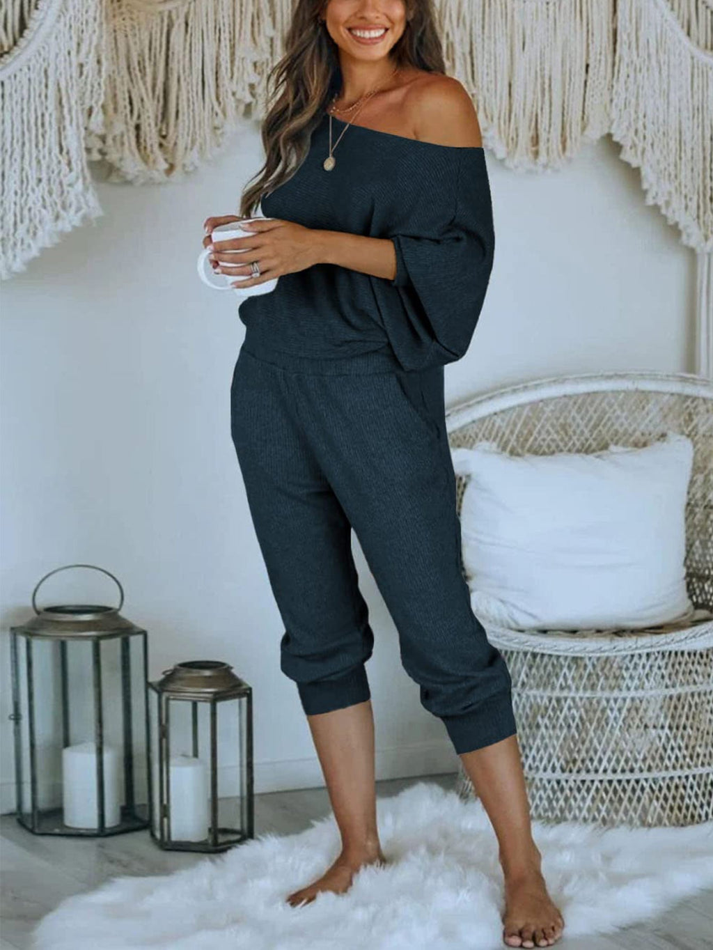 Women's 2 Piece Ribbed Tracksuit Outfits Off Shoulder Long Sleeve Pullover Lounge Pants with Pockets