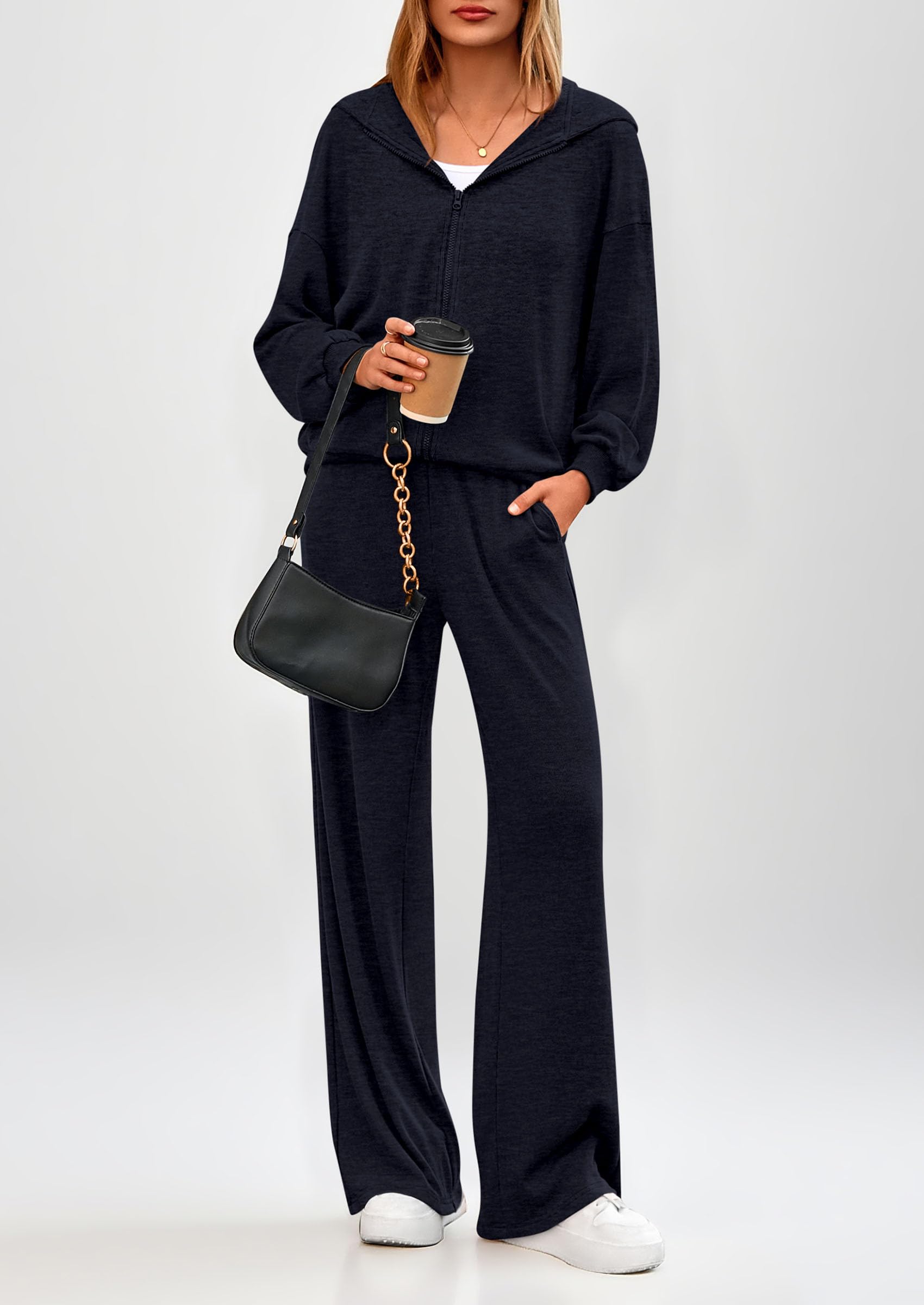 Women's 2 Piece Fall Lounge Sets Zip Up Hoodie Wide Leg Pants Tracksuit Matching Travel Outfits Clothes