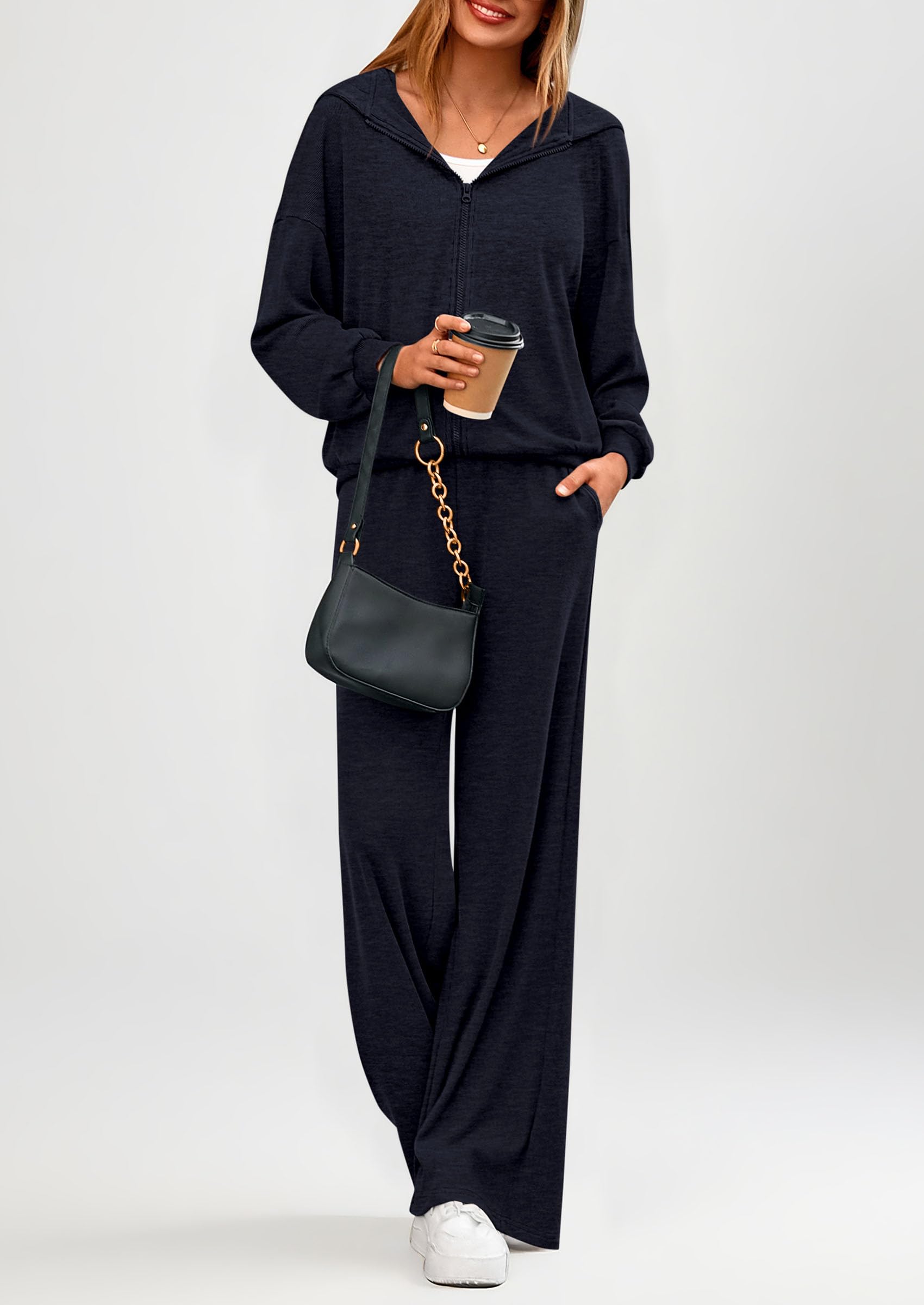 Women's 2 Piece Fall Lounge Sets Zip Up Hoodie Wide Leg Pants Tracksuit Matching Travel Outfits Clothes