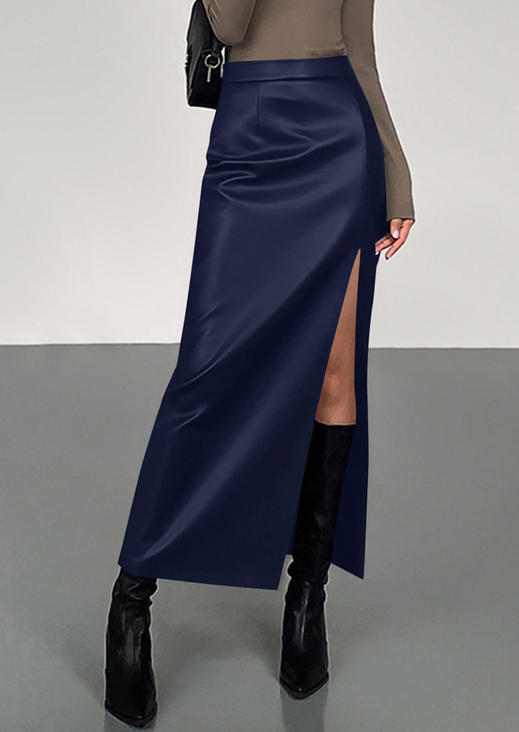 Womens Faux Leather Skirt Fall Bodycon High Waisted Slit Dressy Casual Winter Maxi Long Pencil Skirts