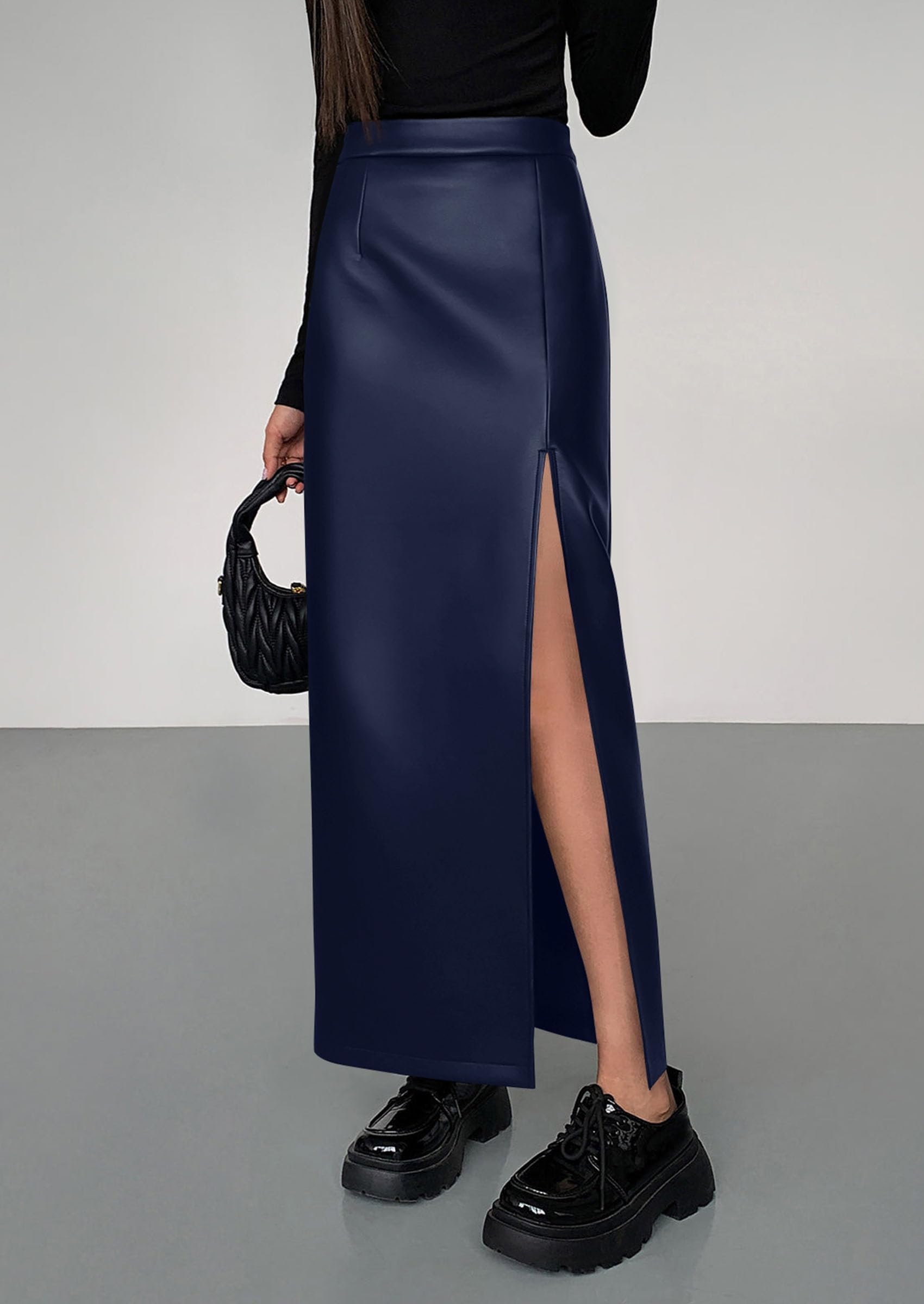 Womens Faux Leather Skirt Fall Bodycon High Waisted Slit Dressy Casual Winter Maxi Long Pencil Skirts