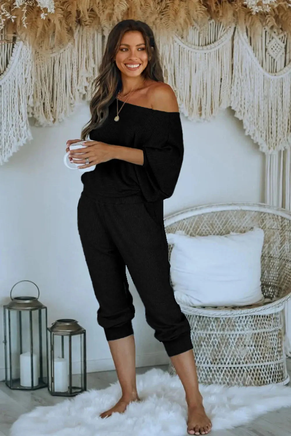 Women's 2 Piece Ribbed Tracksuit Outfits Off Shoulder Long Sleeve Pullover Lounge Pants with Pockets