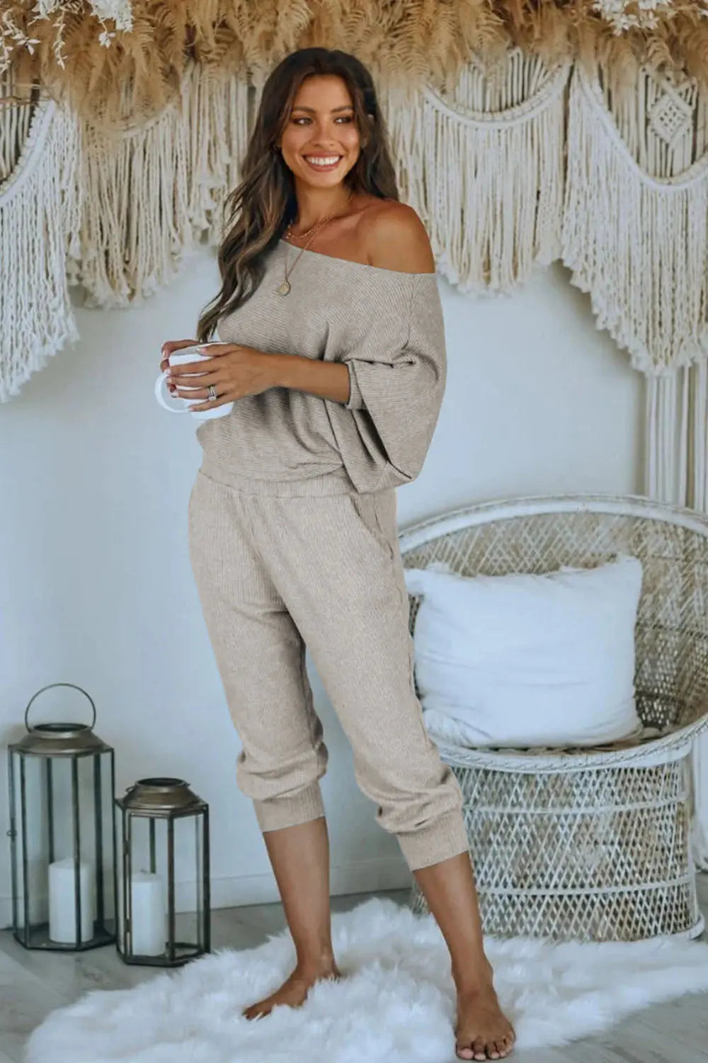 Women's 2 Piece Ribbed Tracksuit Outfits Off Shoulder Long Sleeve Pullover Lounge Pants with Pockets