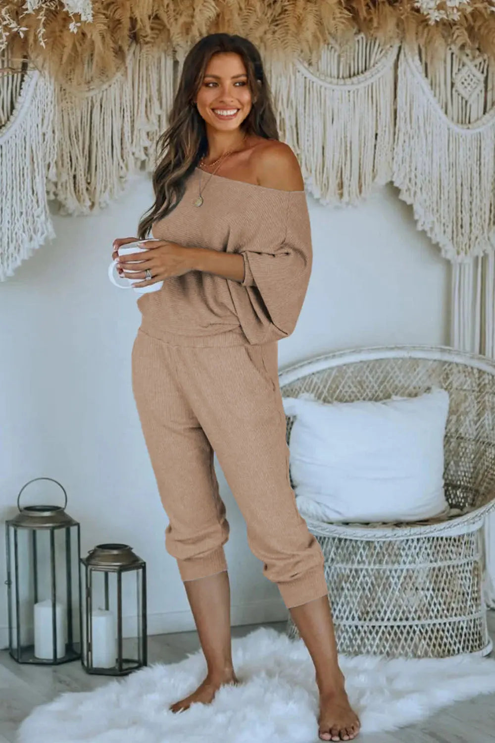 Women's 2 Piece Ribbed Tracksuit Outfits Off Shoulder Long Sleeve Pullover Lounge Pants with Pockets