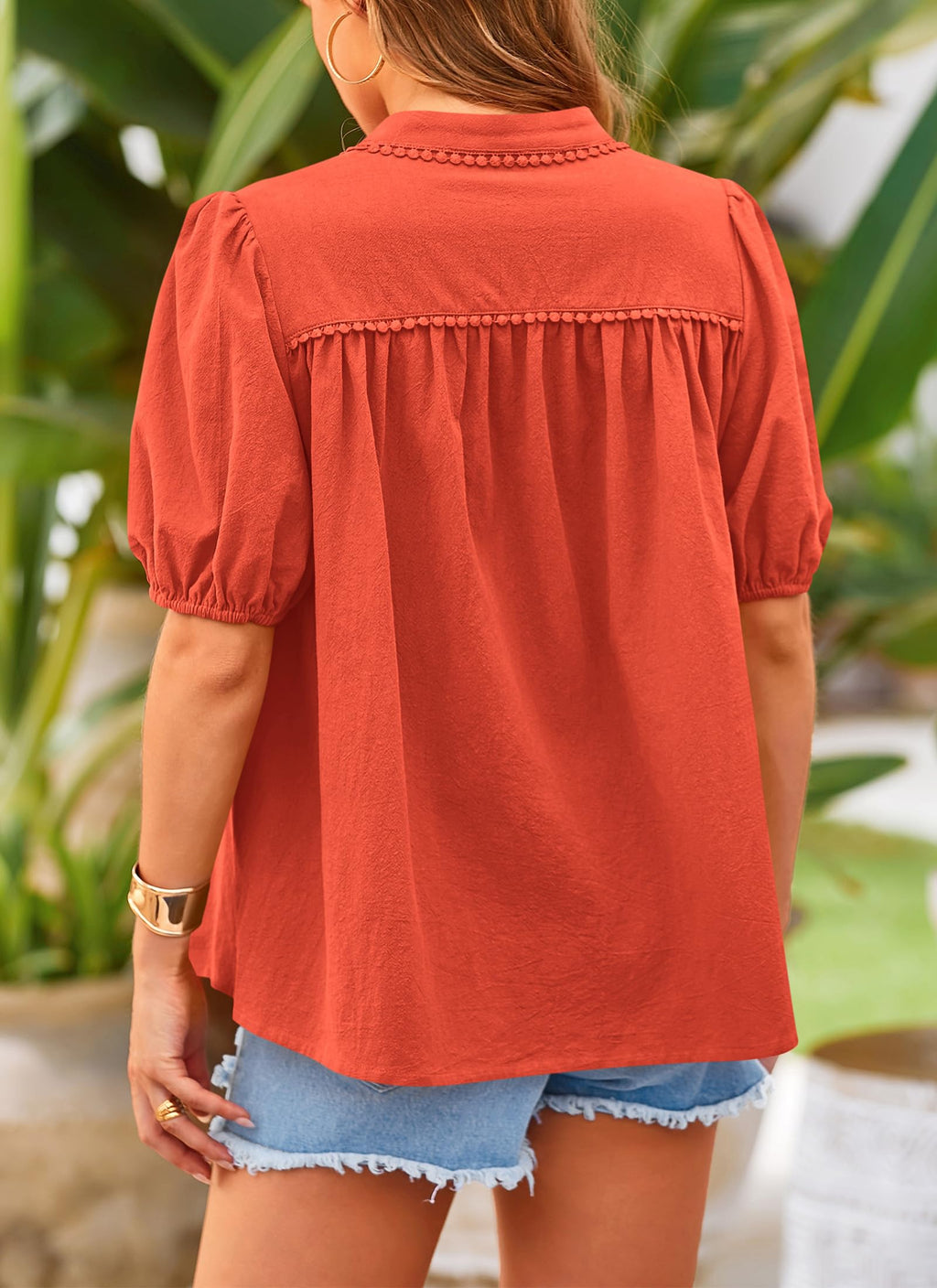 Women's Summer Tops Button Down Shirts Short Lantern Sleeve V Neck Cotton Cute Dressy Casual Blouses