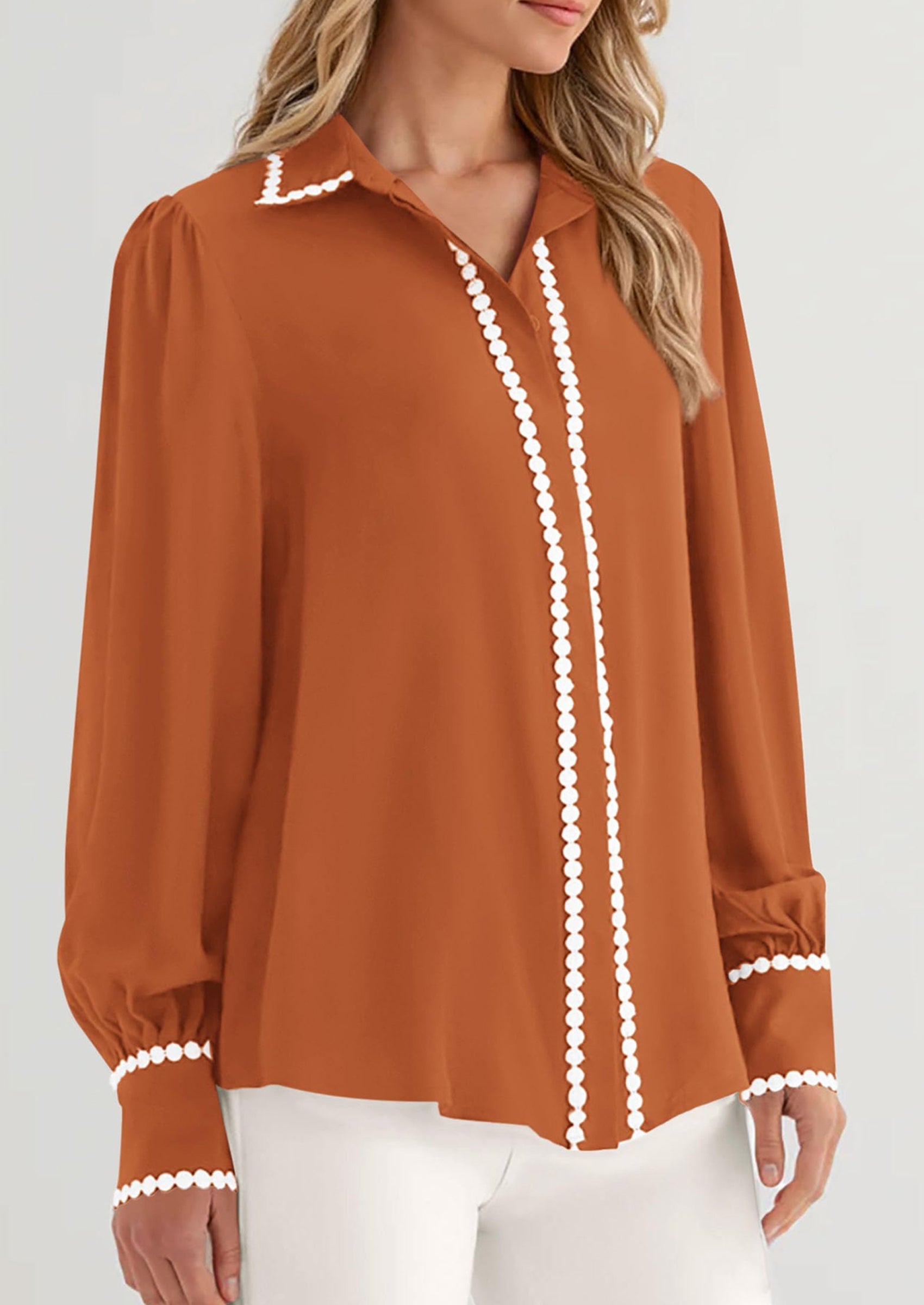 Womens Long Sleeve Button Down Shirts Trendy V Neck Loose Fit Fall Tops Collared Dressy Casual Blouses