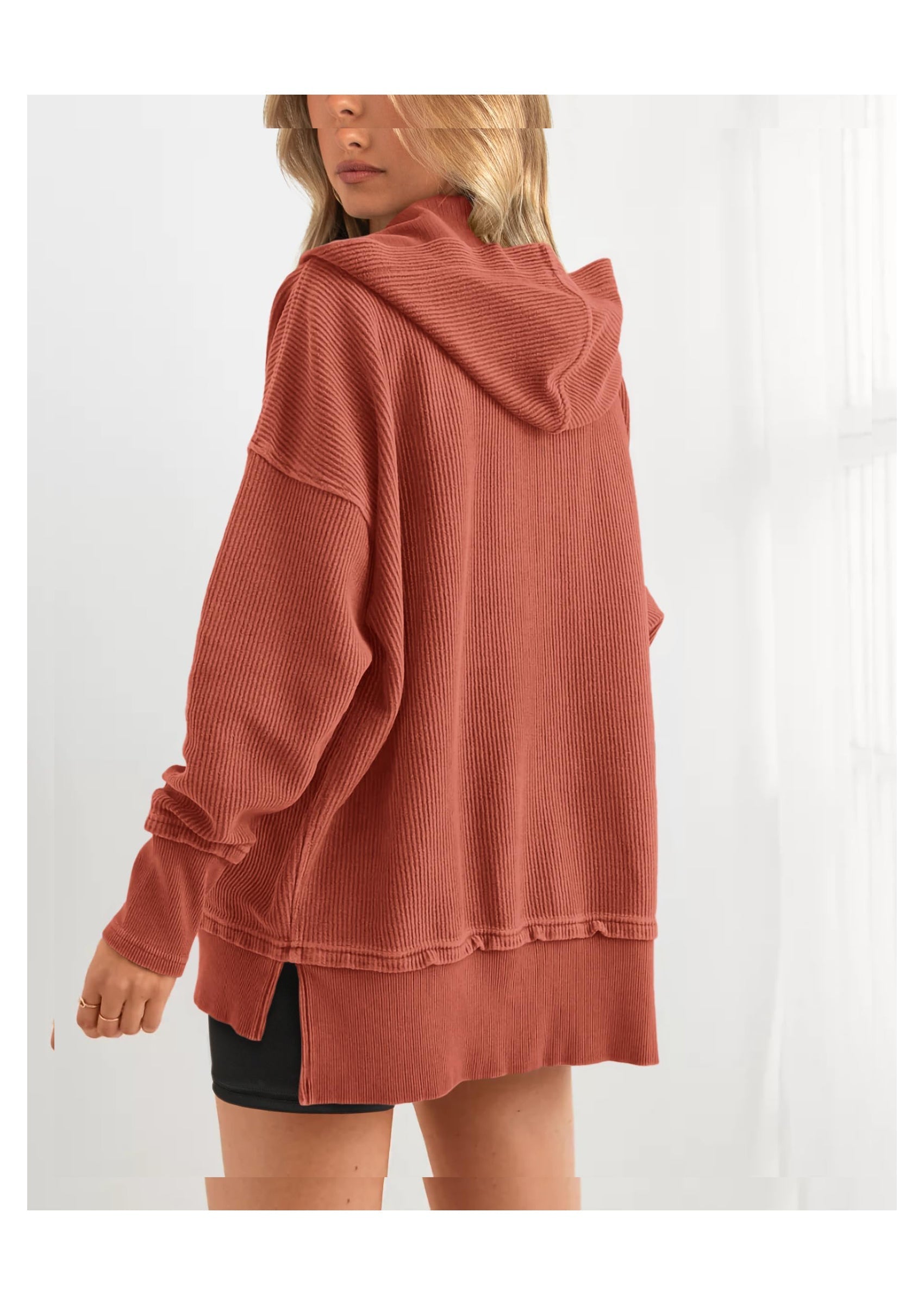 Womens Fashion Oversized Long Sleeve Hoodie Button Down V Neck Sweatshirt Side Slit Casual Pullover Tops