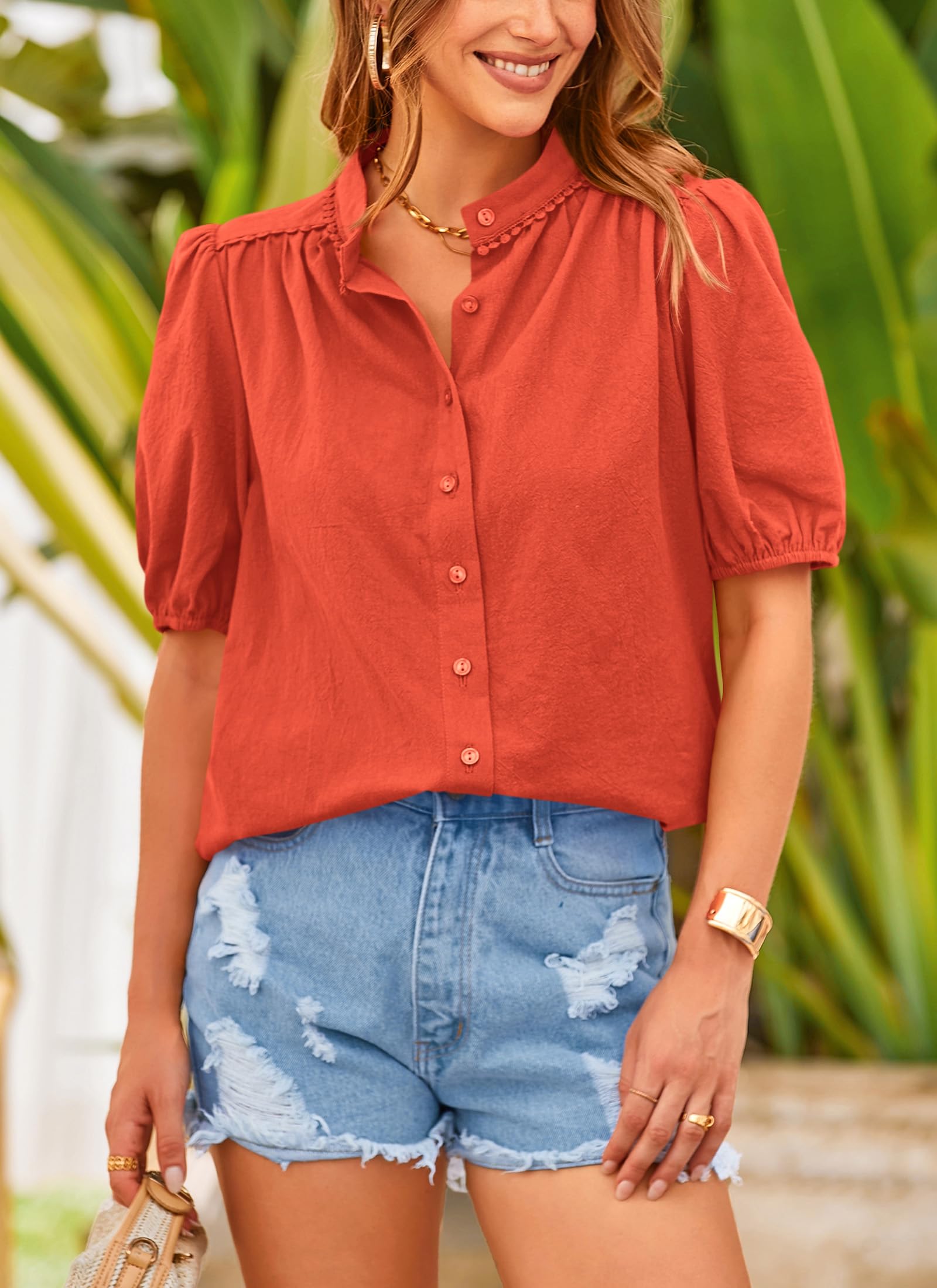 Women's Summer Tops Button Down Shirts Short Lantern Sleeve V Neck Cotton Cute Dressy Casual Blouses