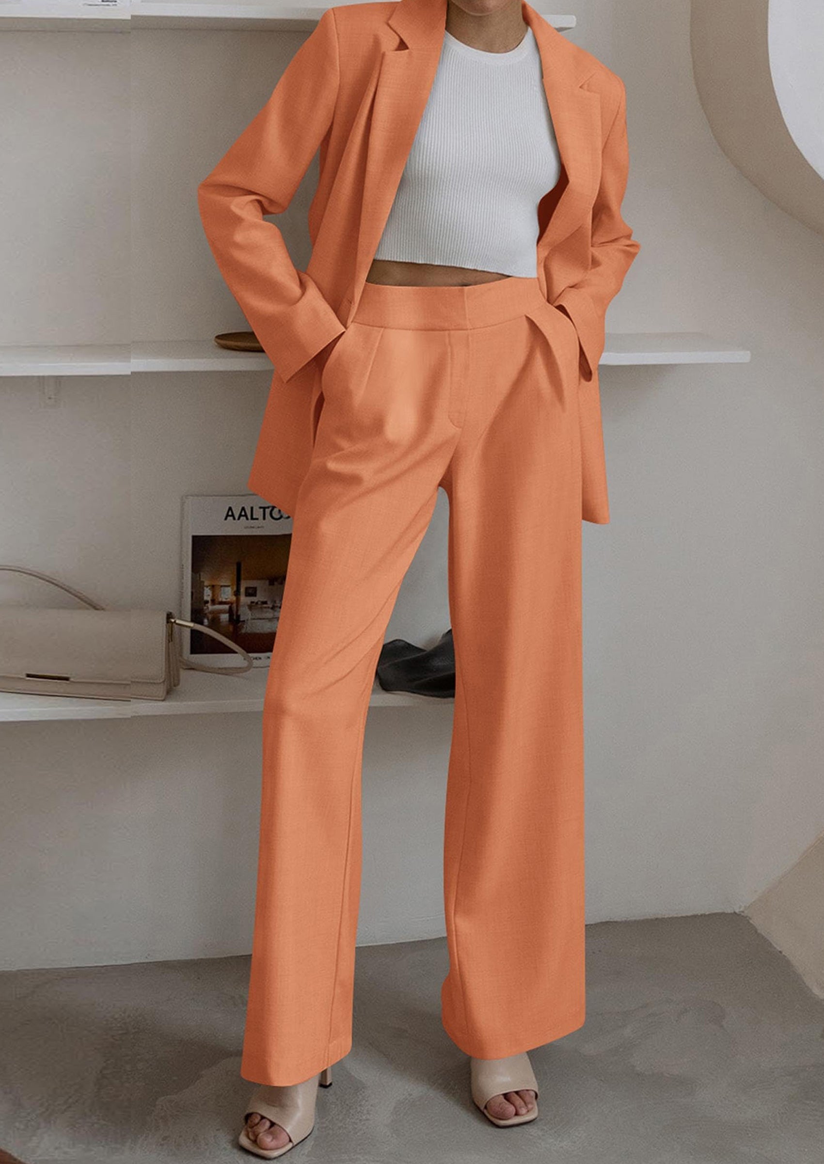 Women's Fall Two Piece Outfits Dressy Blazer Jacket and Wide Leg Pants Pockets Business Casual Office Suit Sets