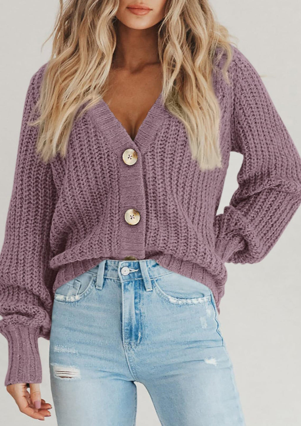 Women's Chunky Knit Open Front Sweater Long Sleeve Button Loose Short Cardigan Outerwear Coats