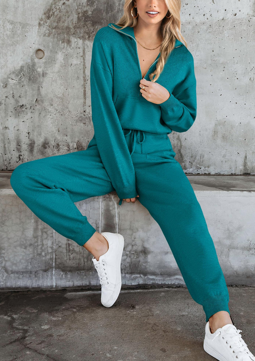 Women's 2 Piece Sweater Set Pullover Zip Up Sweatshirt Jogger Sweatpants Tracksuit Casual Outfit