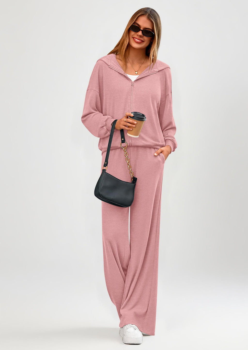 Women's 2 Piece Fall Lounge Sets Zip Up Hoodie Wide Leg Pants Tracksuit Matching Travel Outfits Clothes