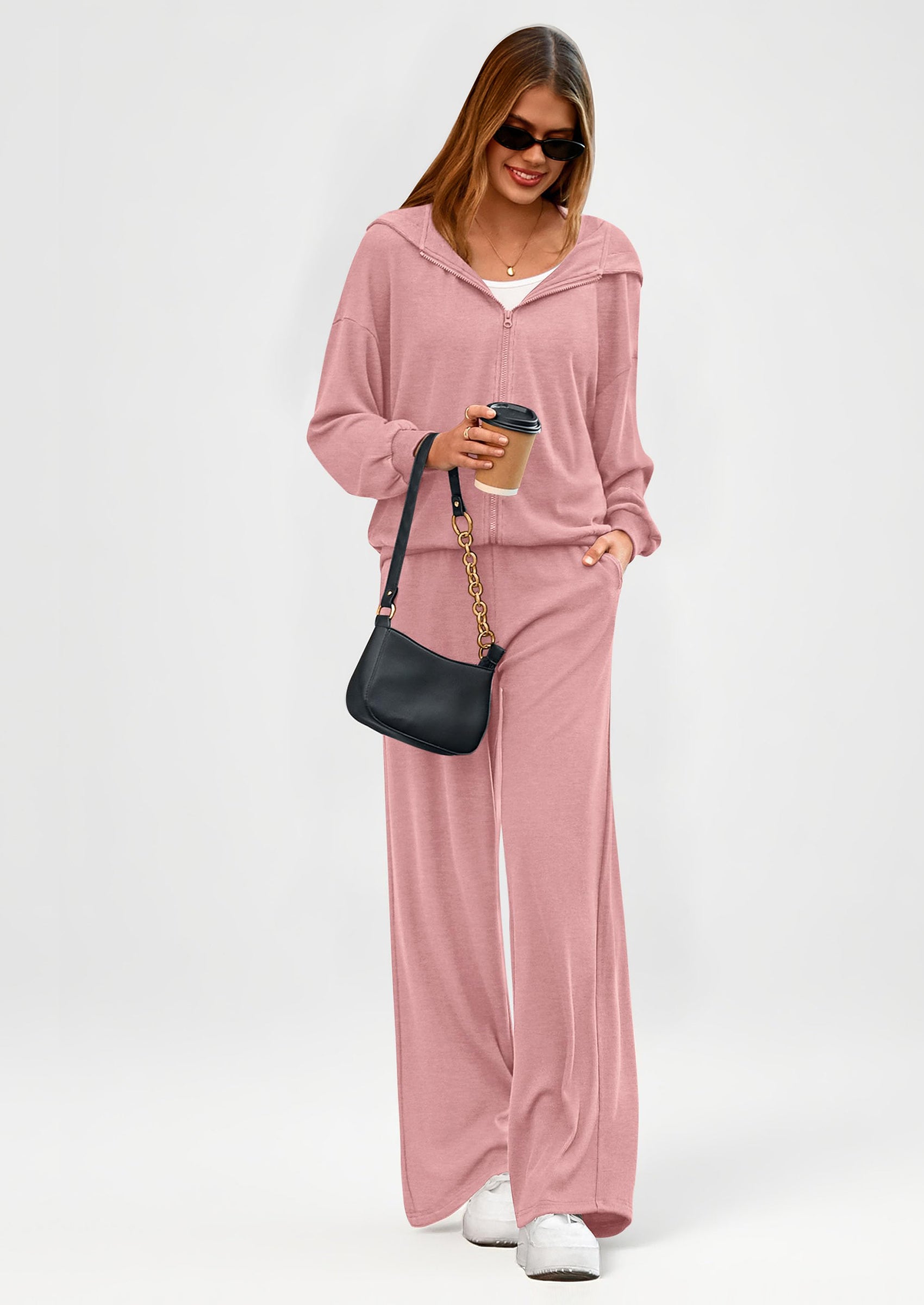 Women's 2 Piece Fall Lounge Sets Zip Up Hoodie Wide Leg Pants Tracksuit Matching Travel Outfits Clothes