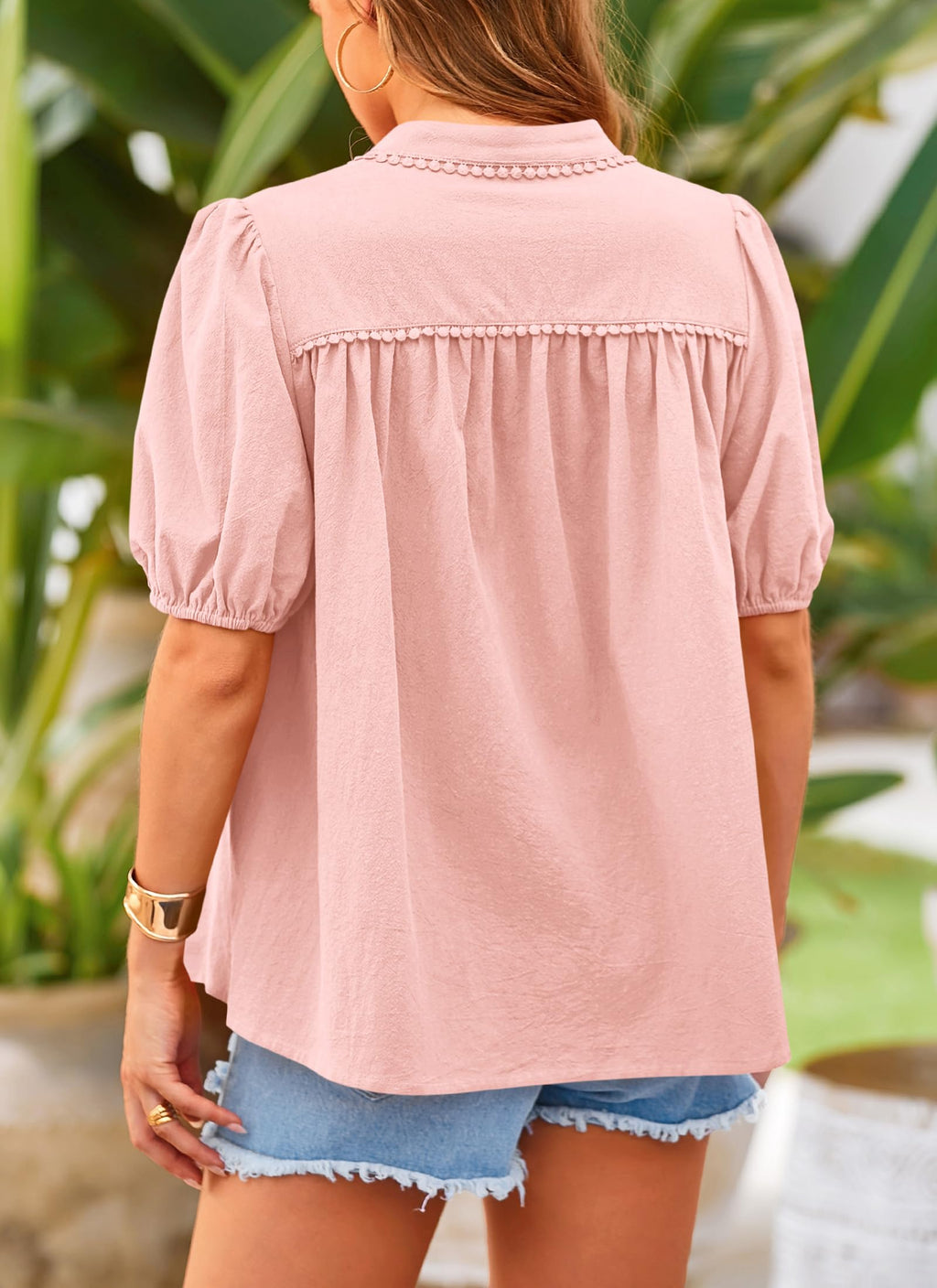 Women's Summer Tops Button Down Shirts Short Lantern Sleeve V Neck Cotton Cute Dressy Casual Blouses