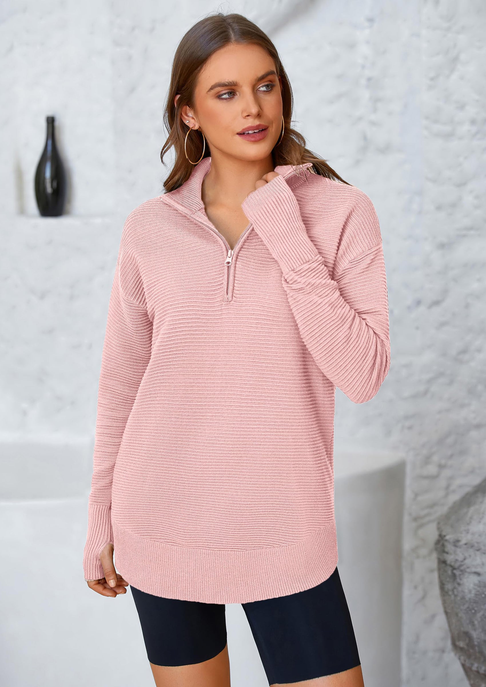 Womens Long Sleeve Quarter Zip Pullover Sweater Casual Loose V Neck Collared Ribbed Knit Jumper Tops Thumb Hole