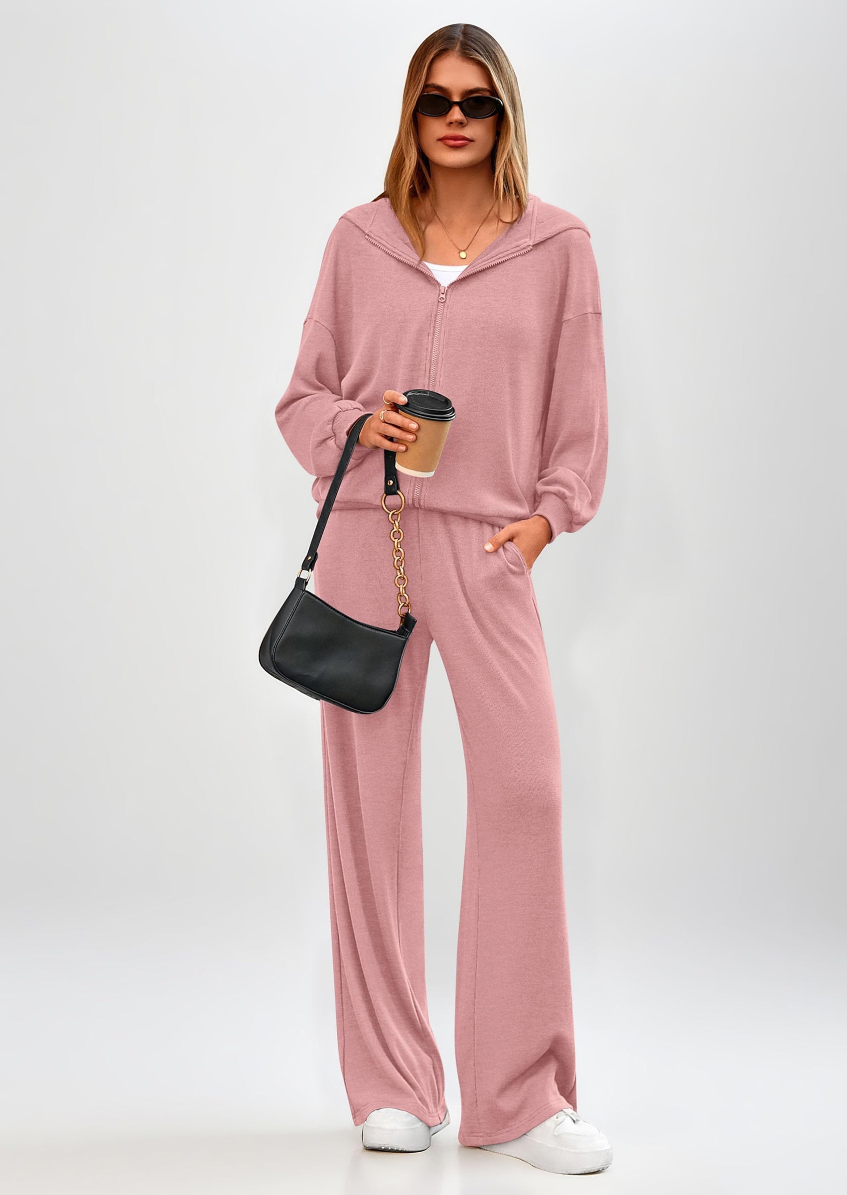 Women's 2 Piece Fall Lounge Sets Zip Up Hoodie Wide Leg Pants Tracksuit Matching Travel Outfits Clothes