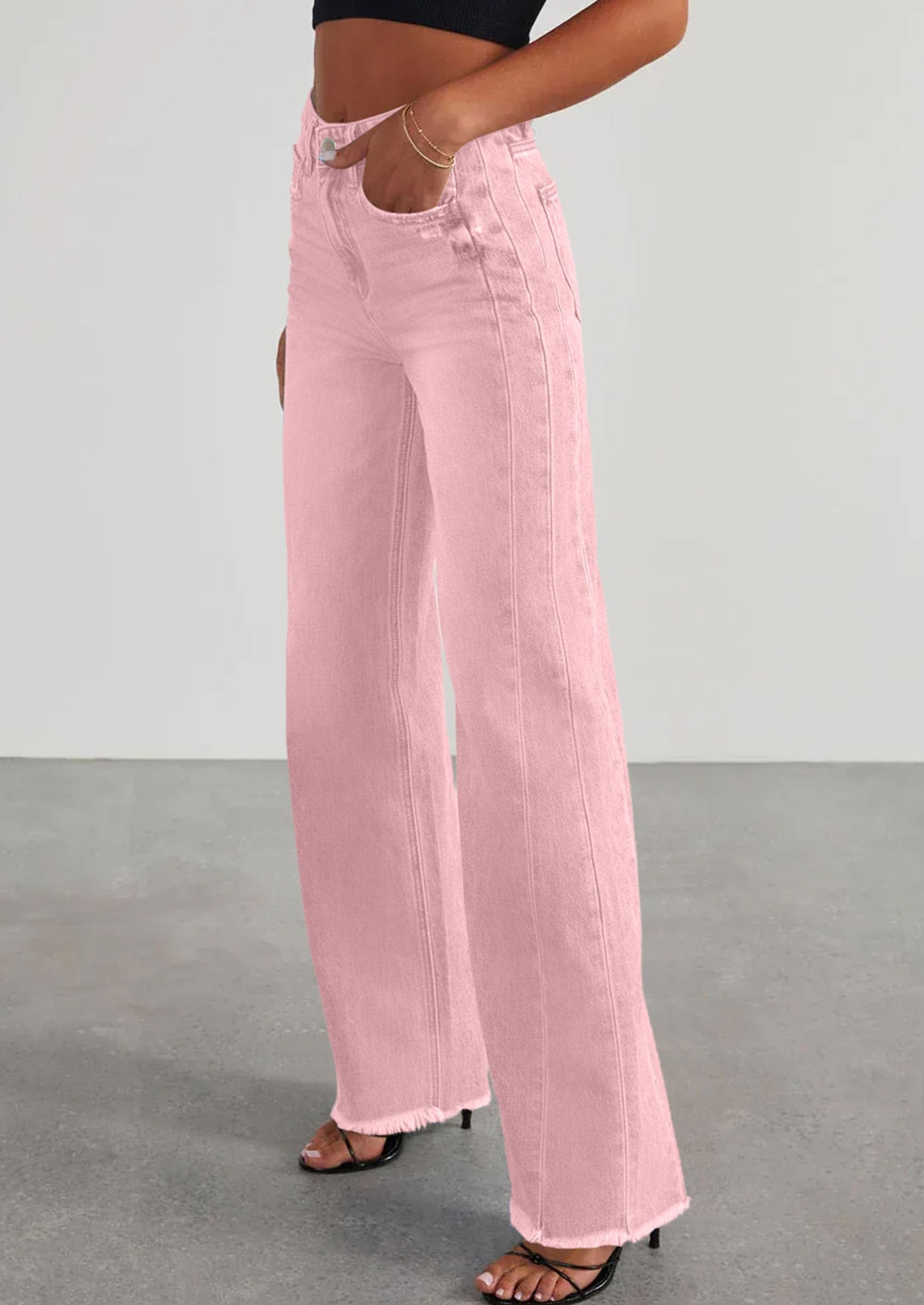 Wide Leg Jeans for Women Trendy High Waisted Stretchy Baggy Raw Hem Denim Palazzo Pants with Pockets