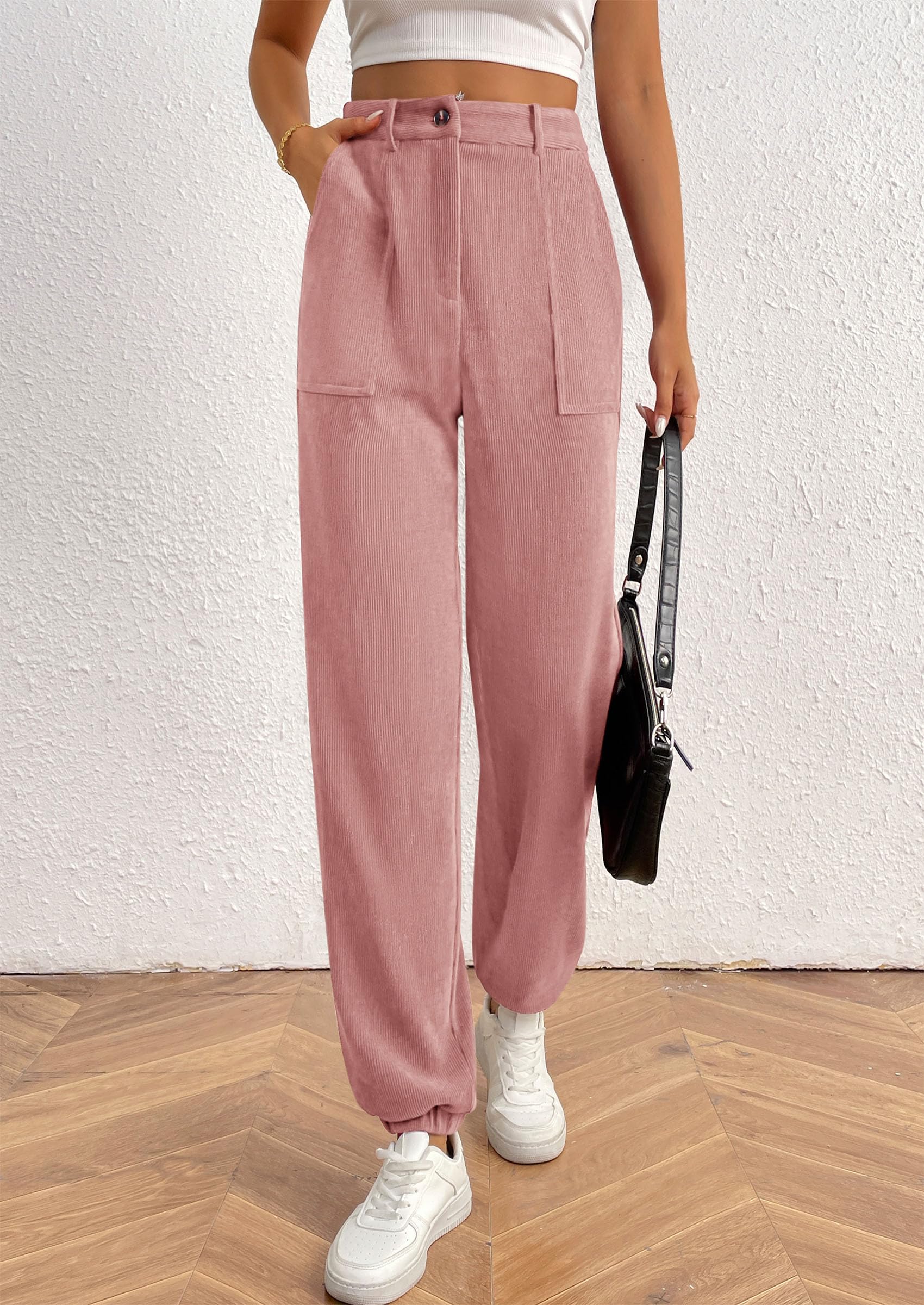 Women's Pants Dressy Casual Fall Elastic High Waisted Work Office Corduroy Trouser Slacks with Pockets