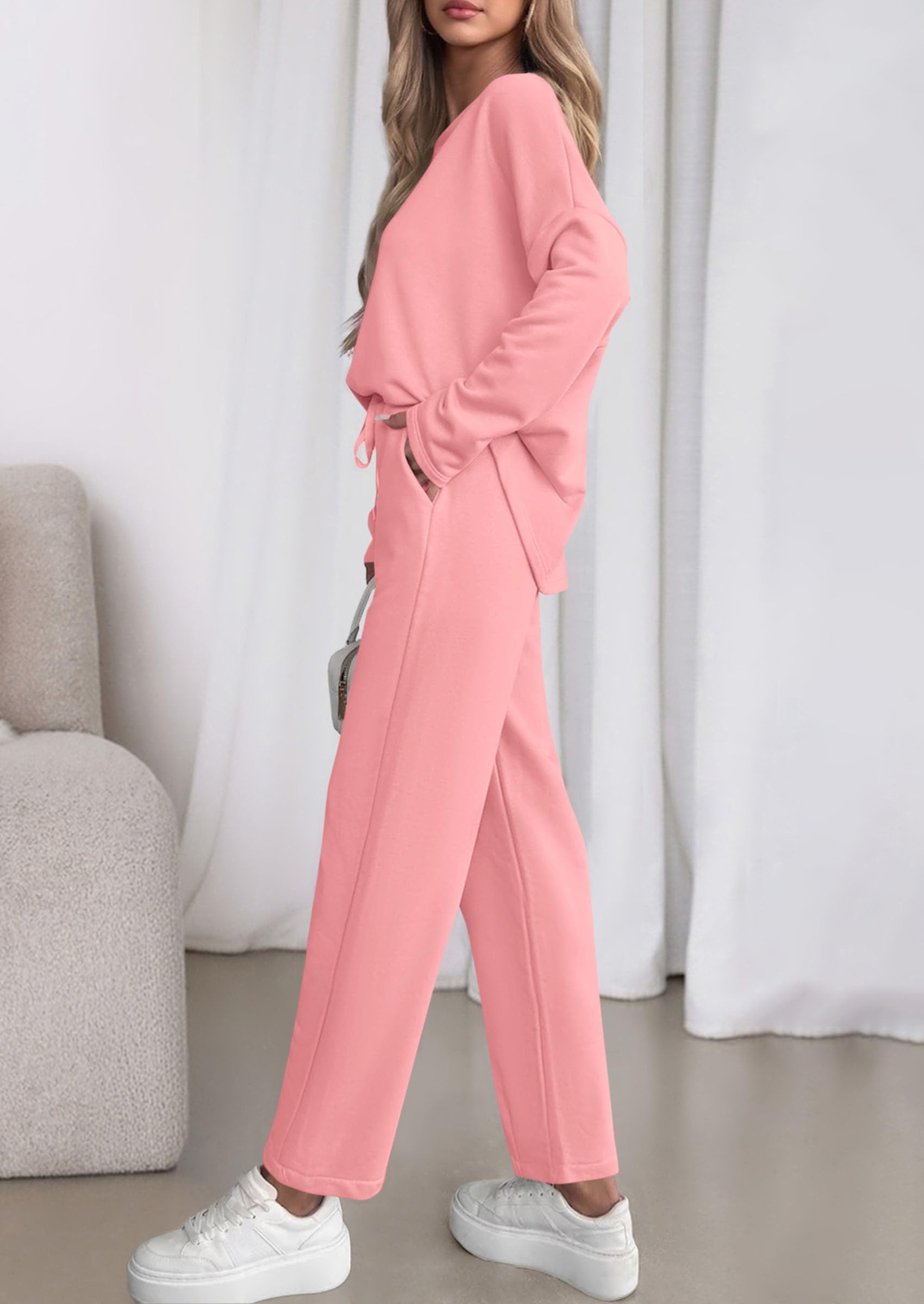 Womens 2 Piece Matching Lounge Sets Fall Long Sleeve Boatneck Sweatsuit Drawstring Sweatpants Pockets