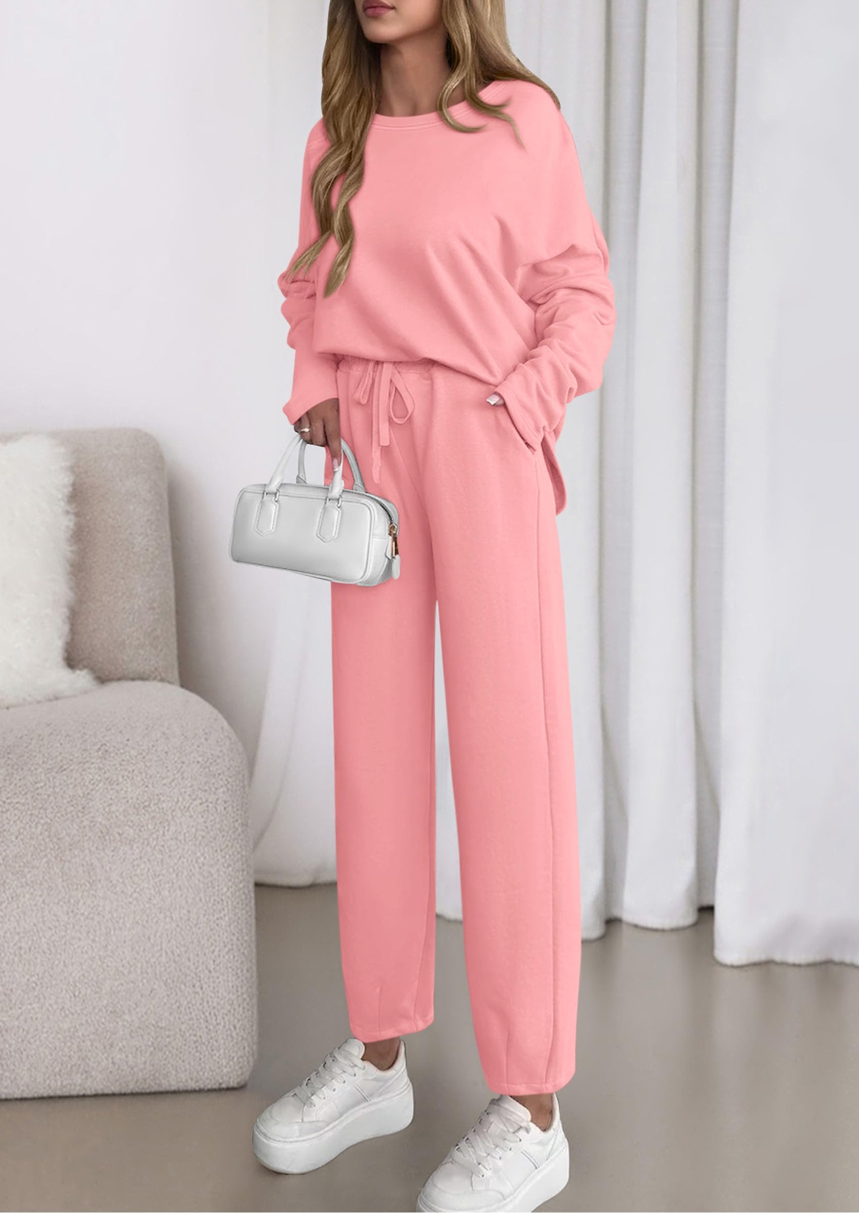 Womens 2 Piece Matching Lounge Sets Fall Long Sleeve Boatneck Sweatsuit Drawstring Sweatpants Pockets