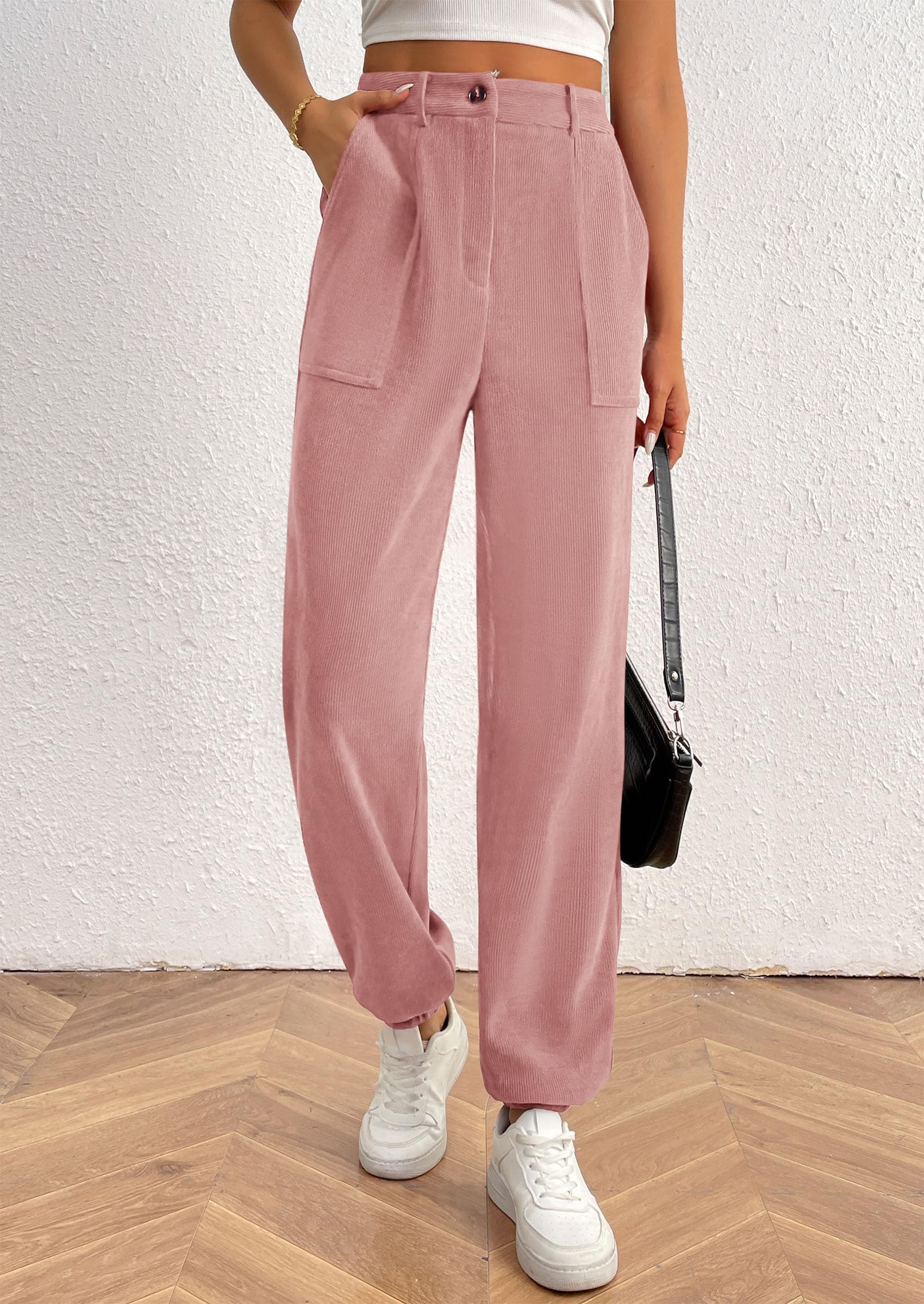 Women's Pants Dressy Casual Fall Elastic High Waisted Work Office Corduroy Trouser Slacks with Pockets