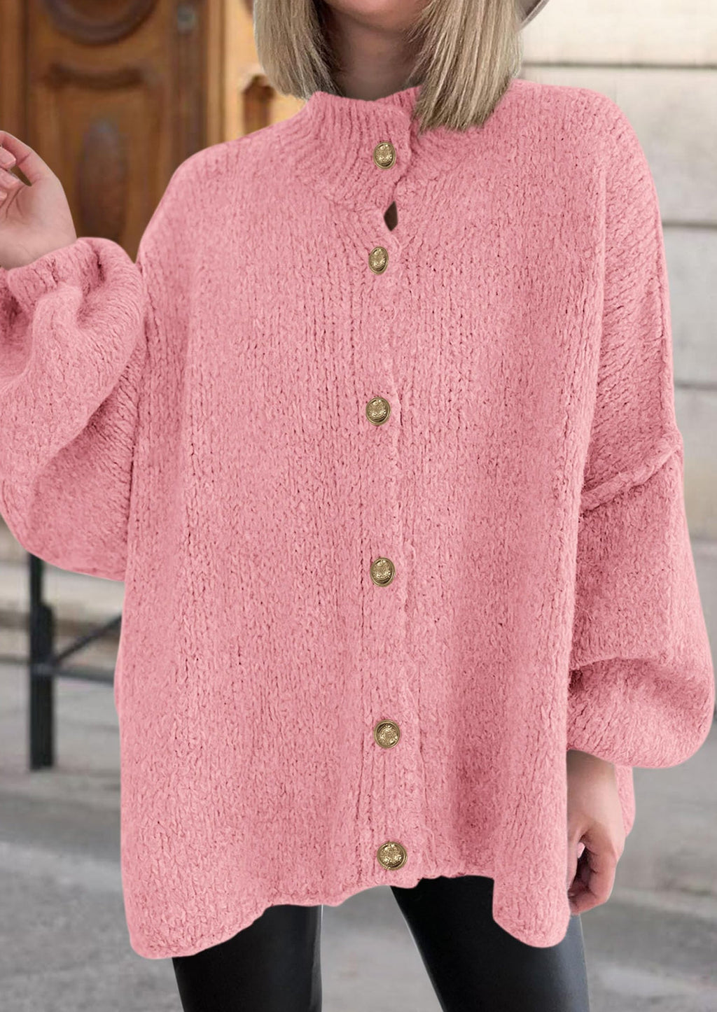 Women's Winter Button Down Cardigan Sweaters Mock Neck Lantern Long Sleeve Chunky Knit Jacket Trendy Outerwear