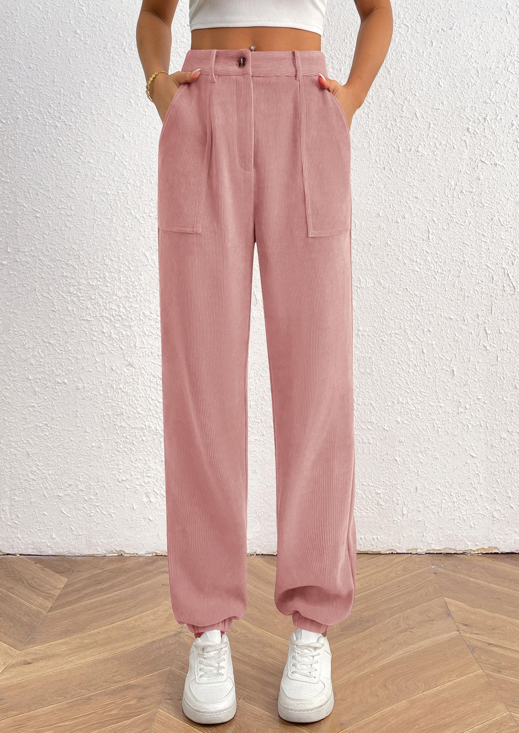 Women's Pants Dressy Casual Fall Elastic High Waisted Work Office Corduroy Trouser Slacks with Pockets