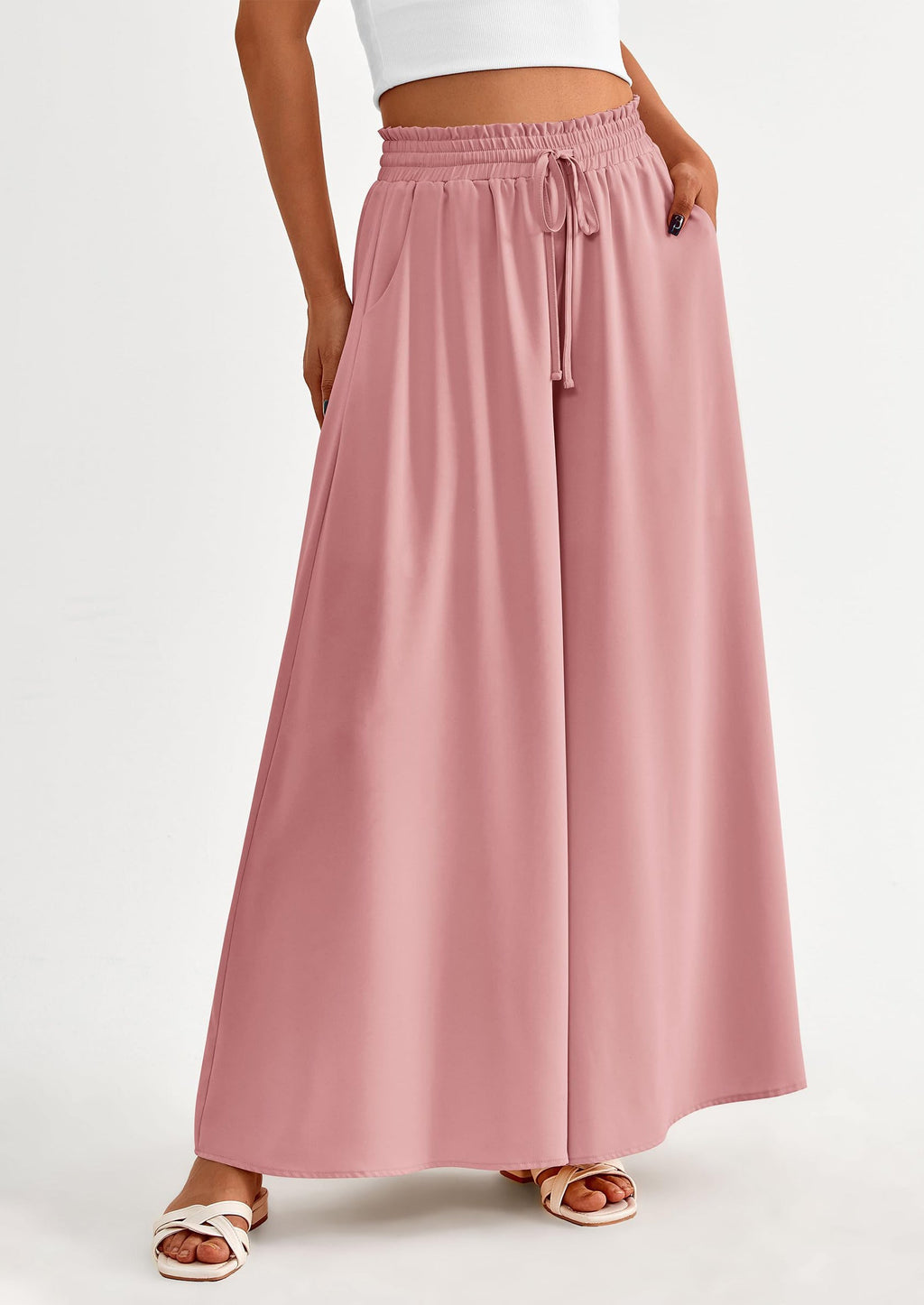 Women's Summer Wide Leg Palazzo Pants High Waisted Flowy Pockets Trendy Casual Lounge Boho Beach Trousers