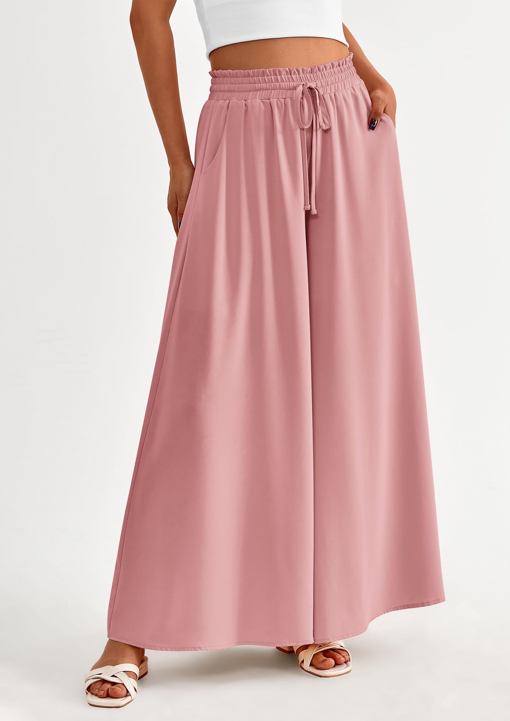 Women's Summer Wide Leg Palazzo Pants High Waisted Flowy Pockets Trendy Casual Lounge Boho Beach Trousers