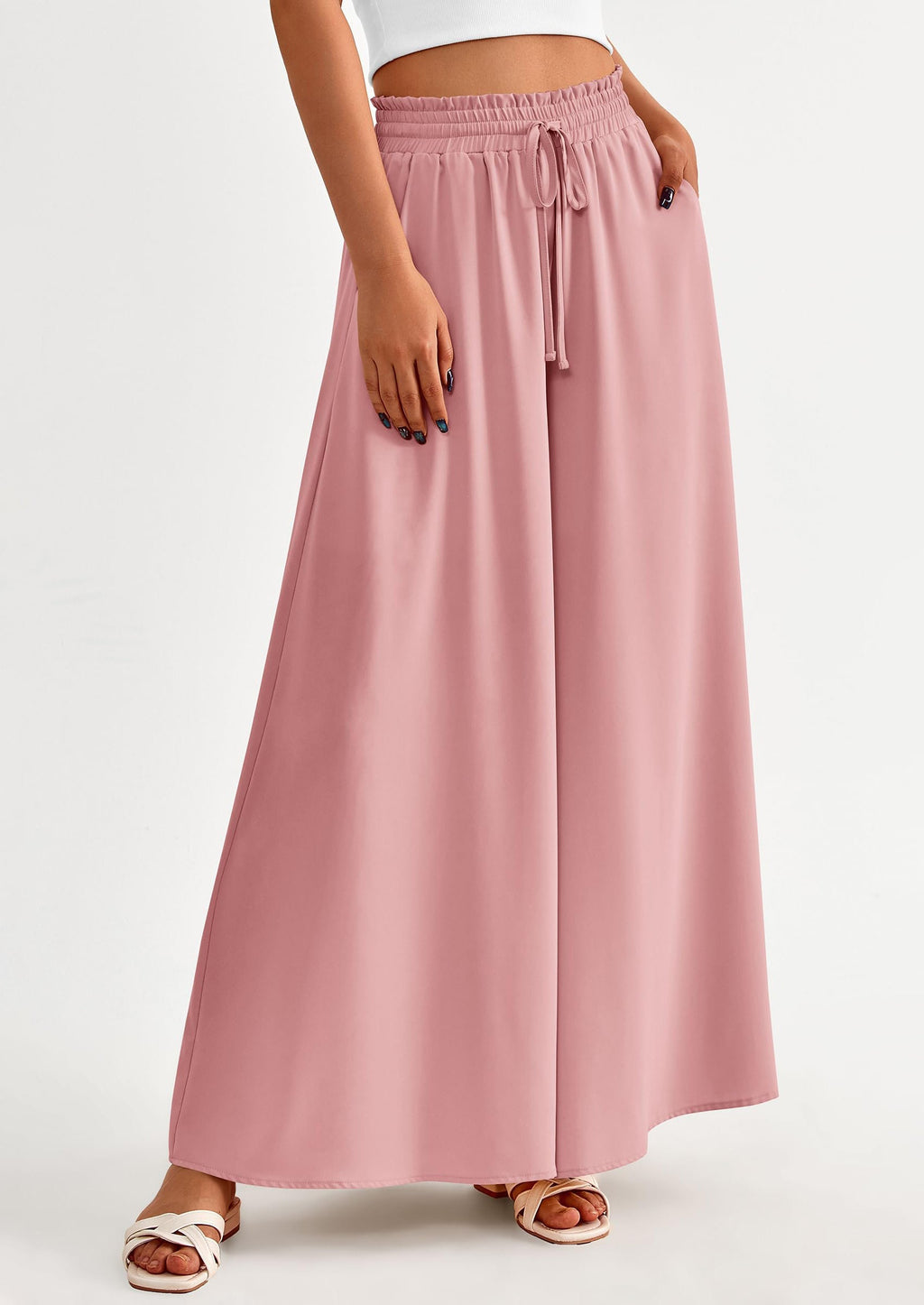 Women's Summer Wide Leg Palazzo Pants High Waisted Flowy Pockets Trendy Casual Lounge Boho Beach Trousers