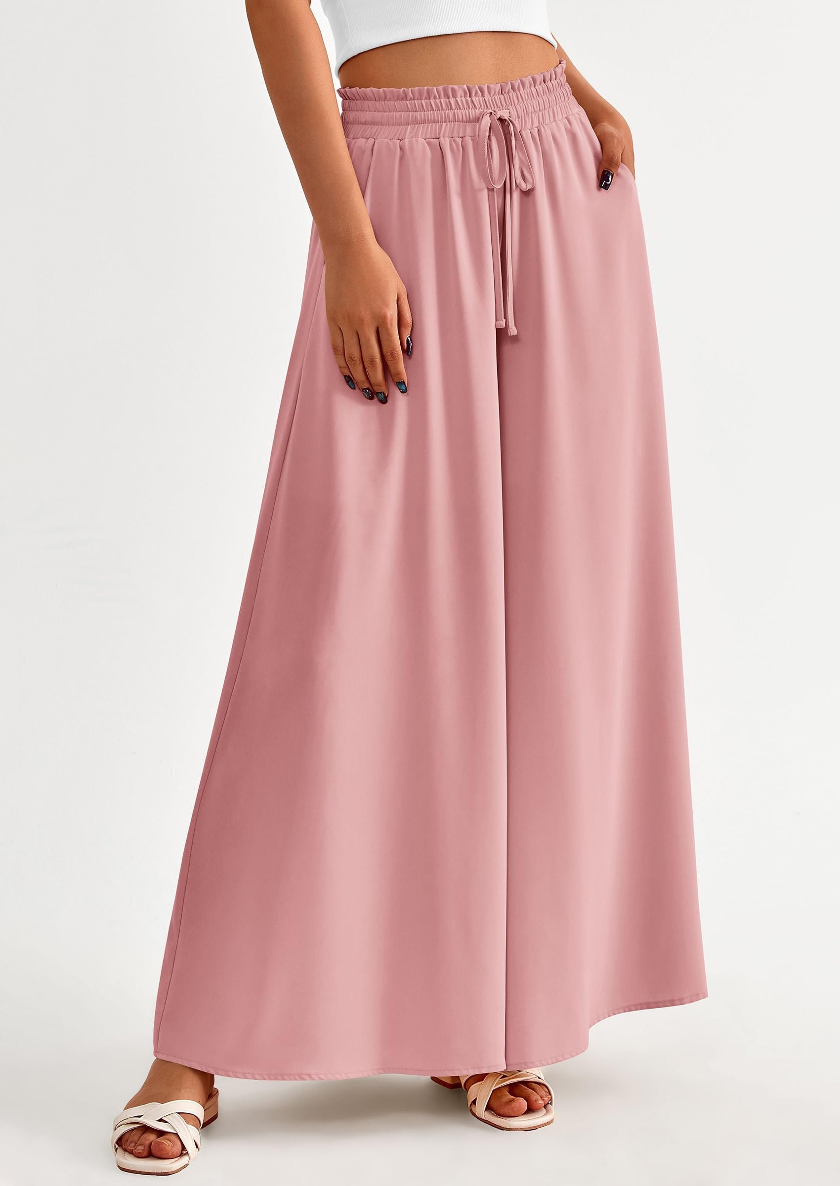 Women's Summer Wide Leg Palazzo Pants High Waisted Flowy Pockets Trendy Casual Lounge Boho Beach Trousers