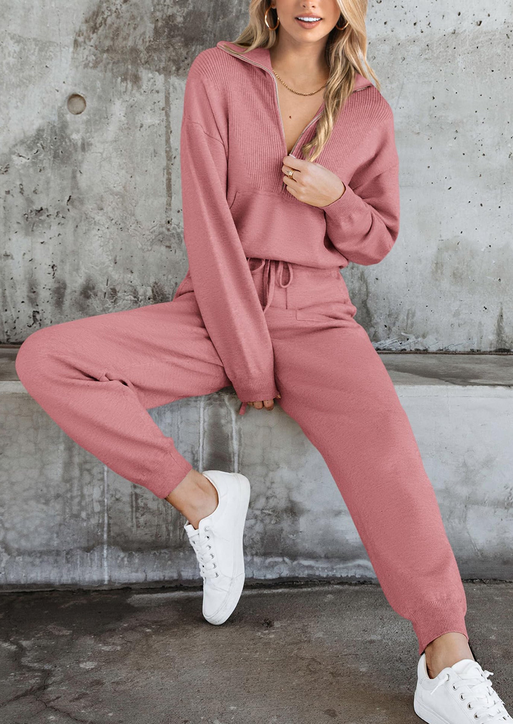Women's 2 Piece Sweater Set Pullover Zip Up Sweatshirt Jogger Sweatpants Tracksuit Casual Outfit