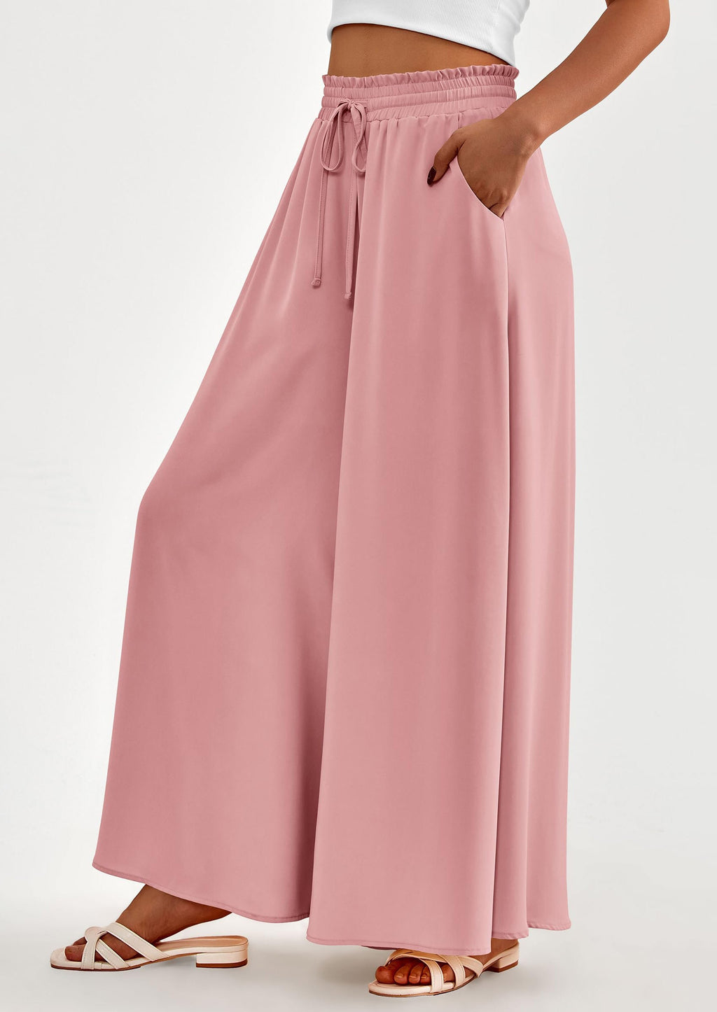Women's Summer Wide Leg Palazzo Pants High Waisted Flowy Pockets Trendy Casual Lounge Boho Beach Trousers