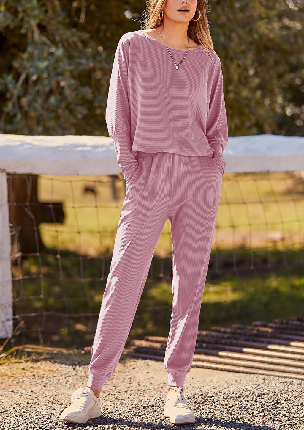 Women's Fall 2 Piece Lounge Set Long Sleeve Tops Ribbed Pants Spring Matching Sweatsuit Travel Outfits Clothes