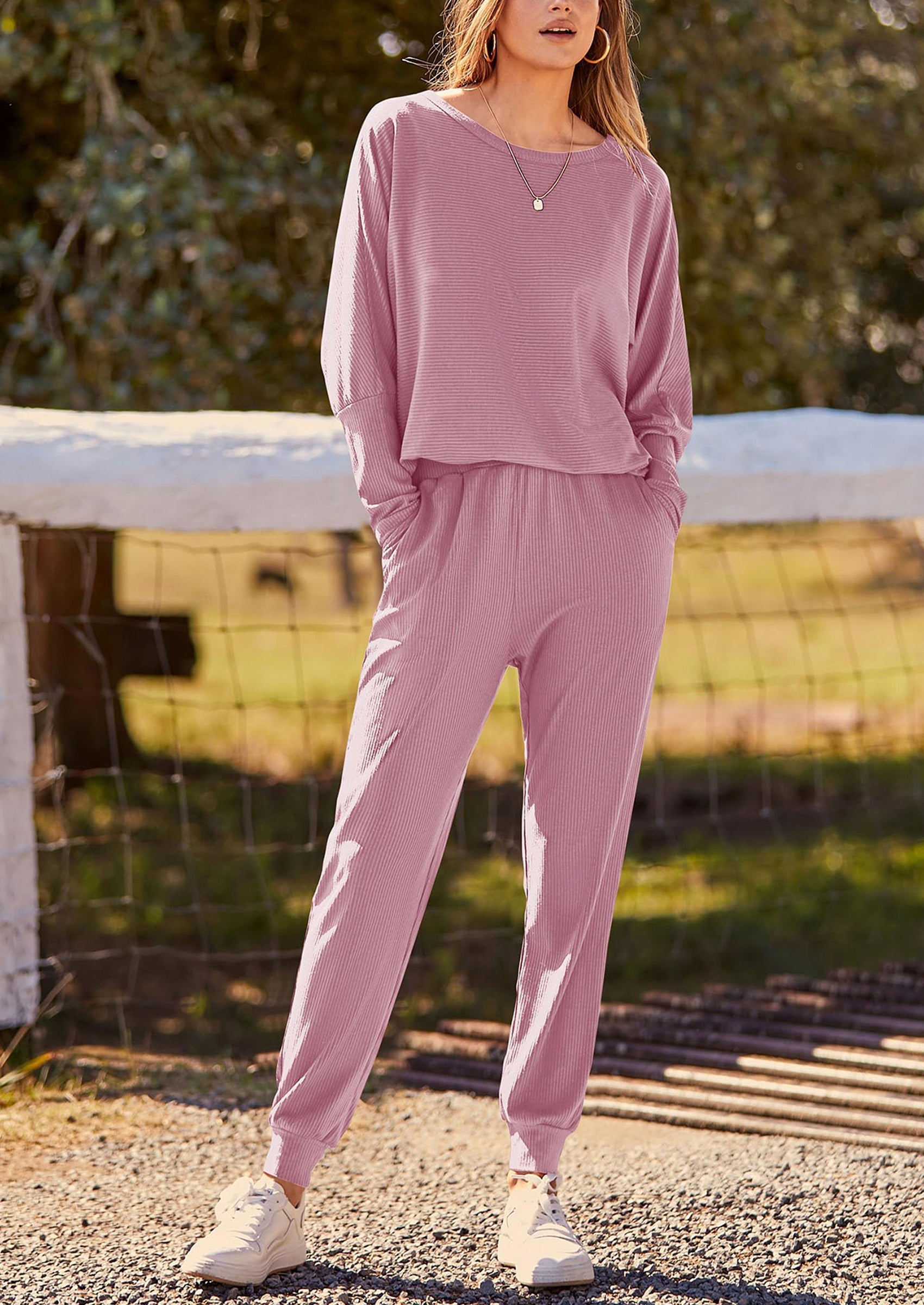 Women's Fall 2 Piece Lounge Set Long Sleeve Tops Ribbed Pants Spring Matching Sweatsuit Travel Outfits Clothes