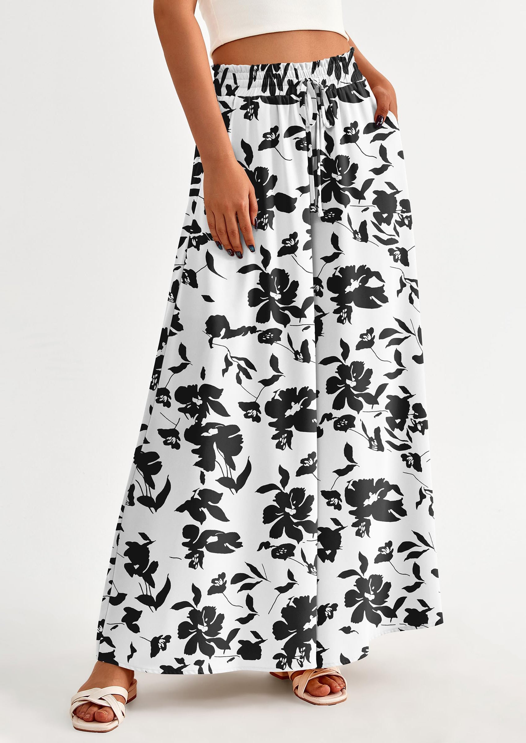 Women's Summer Wide Leg Palazzo Pants High Waisted Flowy Pockets Trendy Casual Lounge Boho Beach Trousers